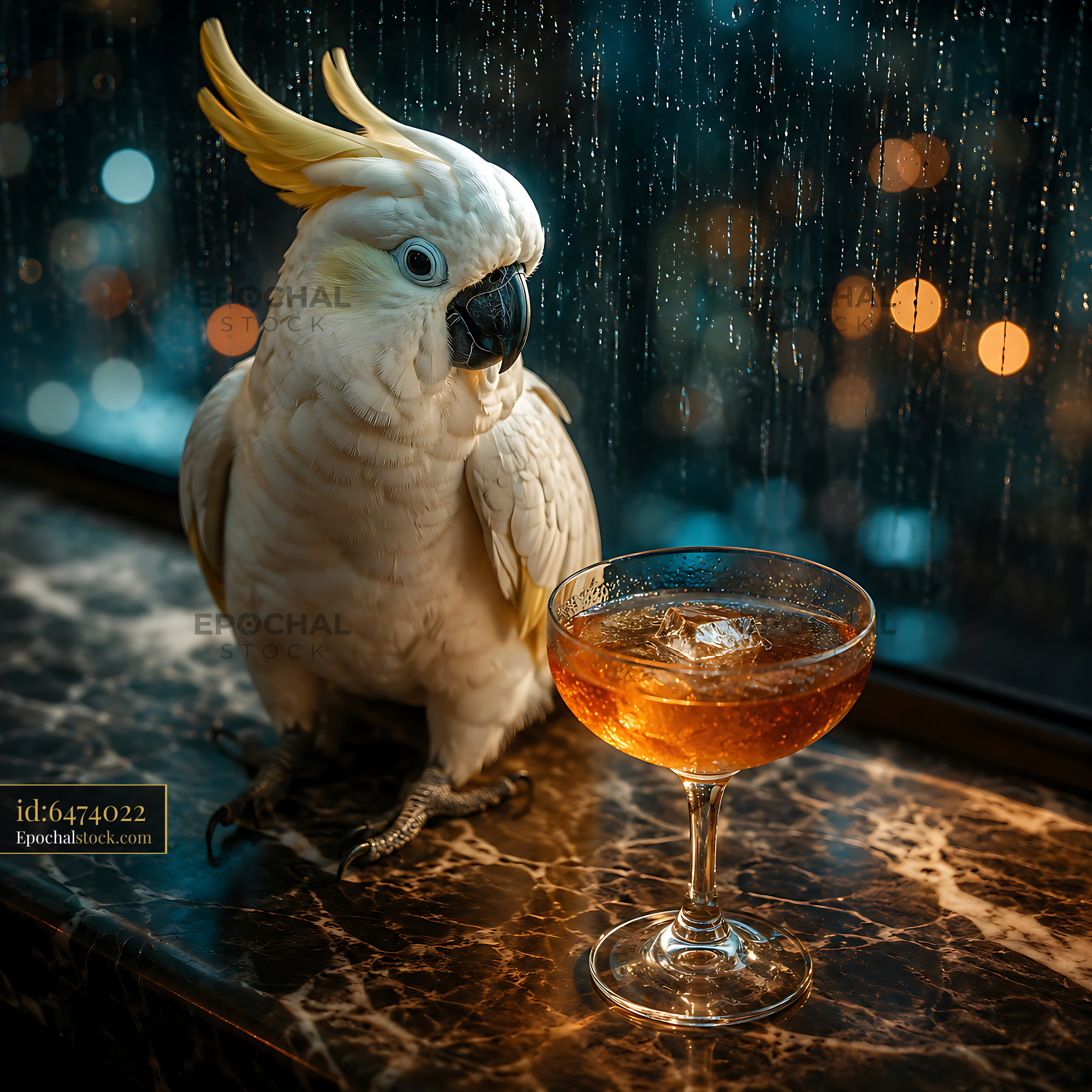 Watermarked full-resolution preview of Cockatoo sits beside a cocktail glass on a rainy night