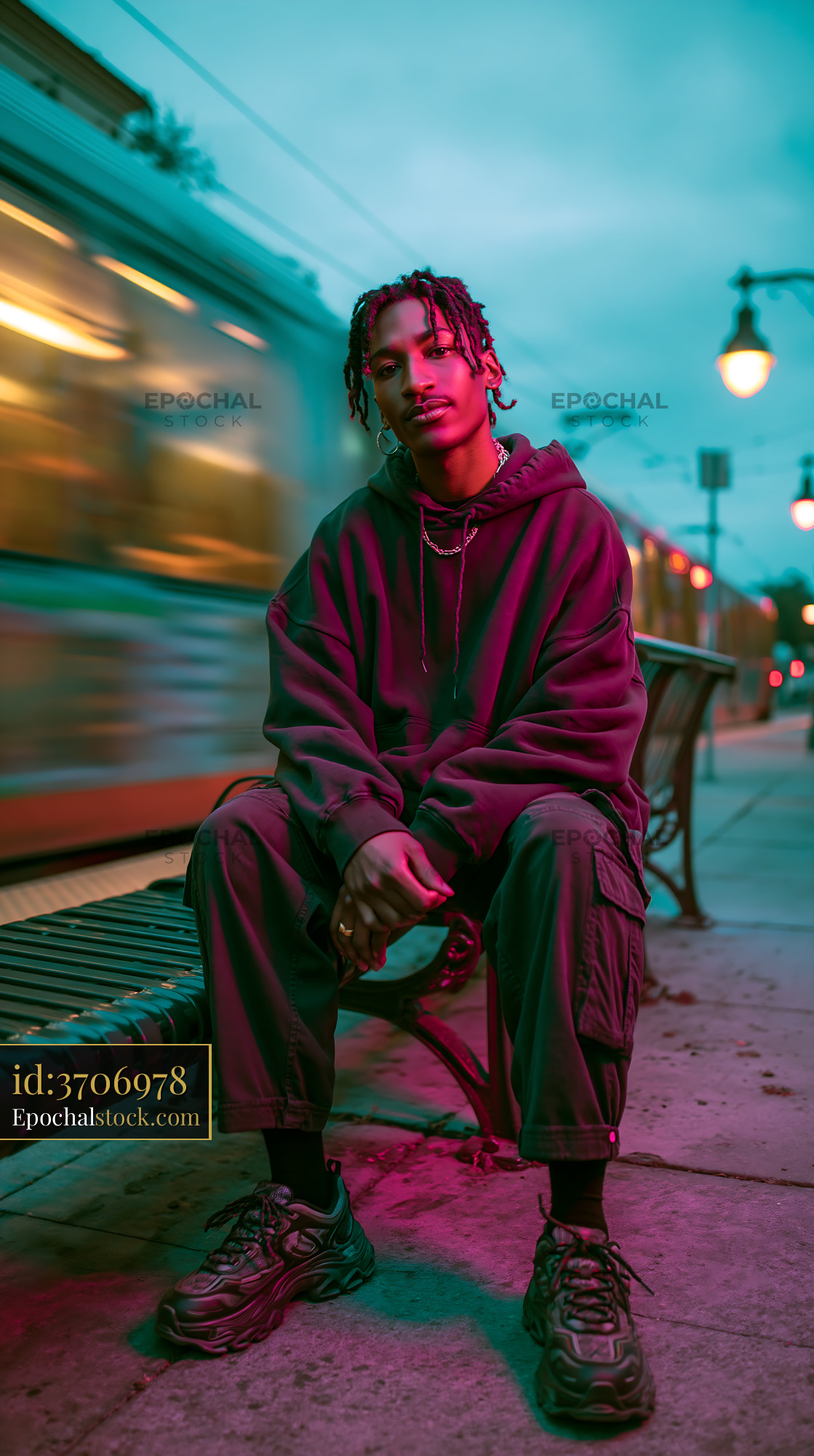 Watermarked full-resolution preview of Person sitting on a bench at a transit station during twilight