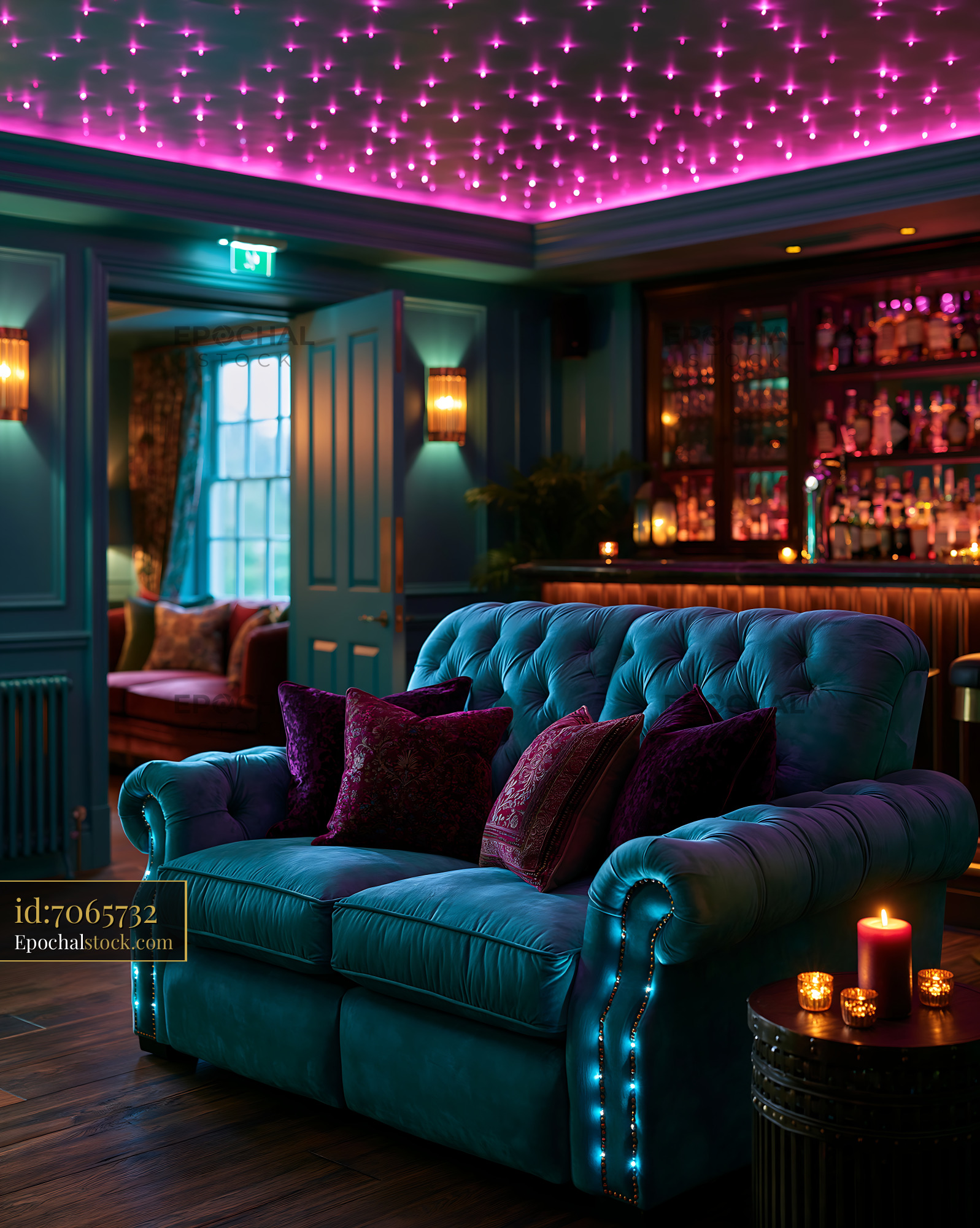 Watermarked full-resolution preview of Cozy lounge area with blue sofa and colorful lighting