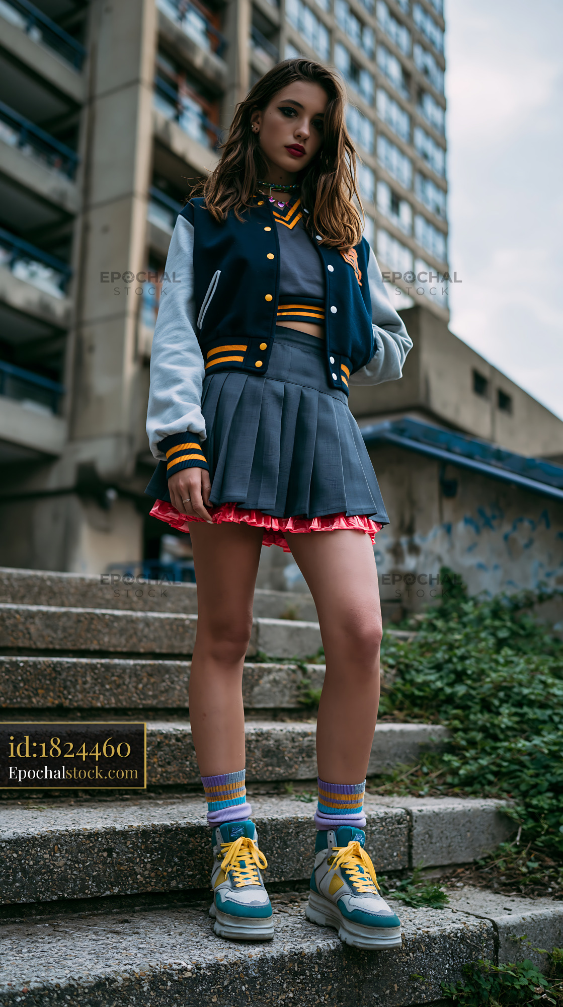 Watermarked full-resolution preview of Girl in a school uniform stands on steps of a building
