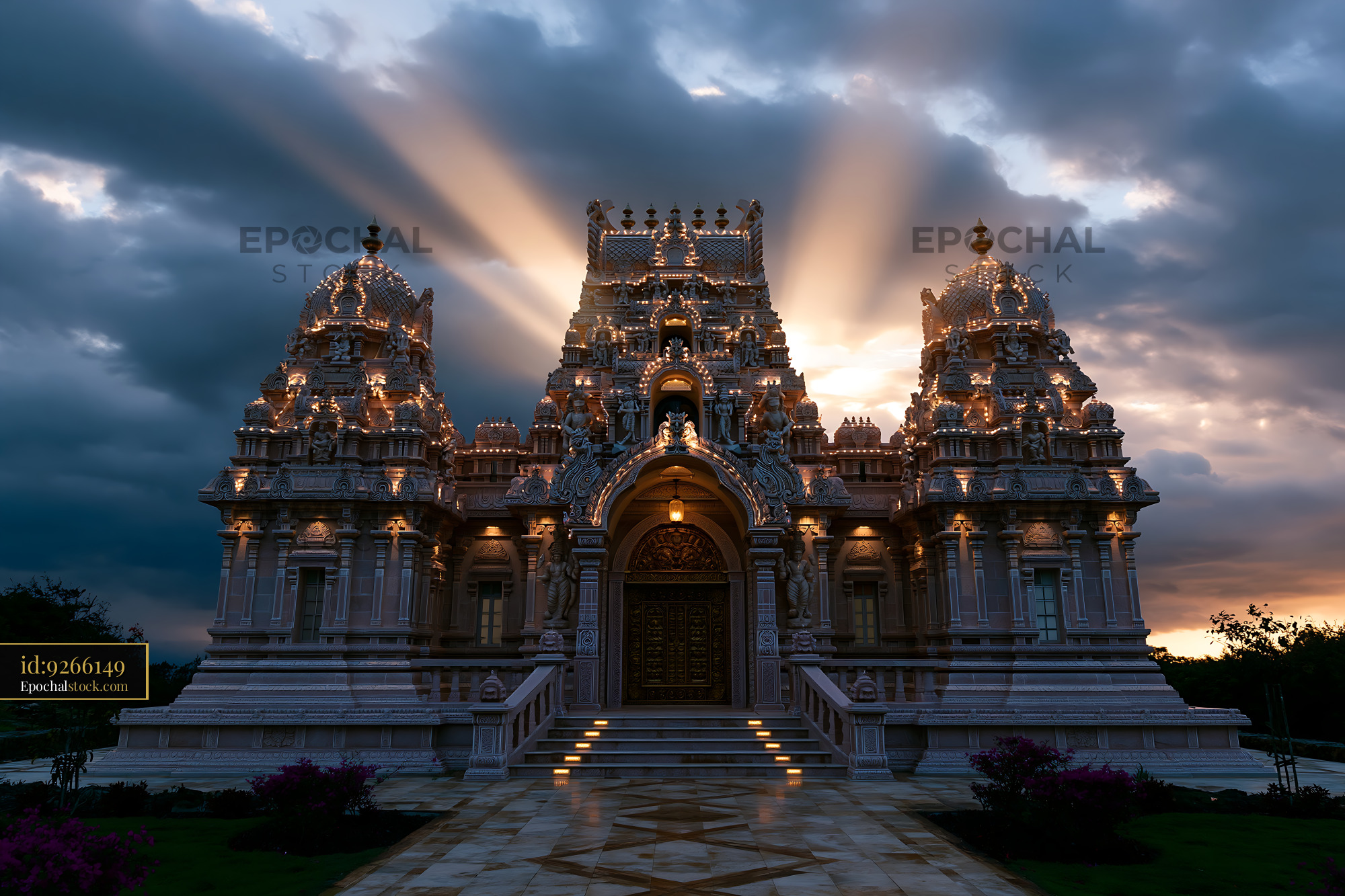 Watermarked full-resolution preview of Sunrise over a temple with dramatic clouds and lighting