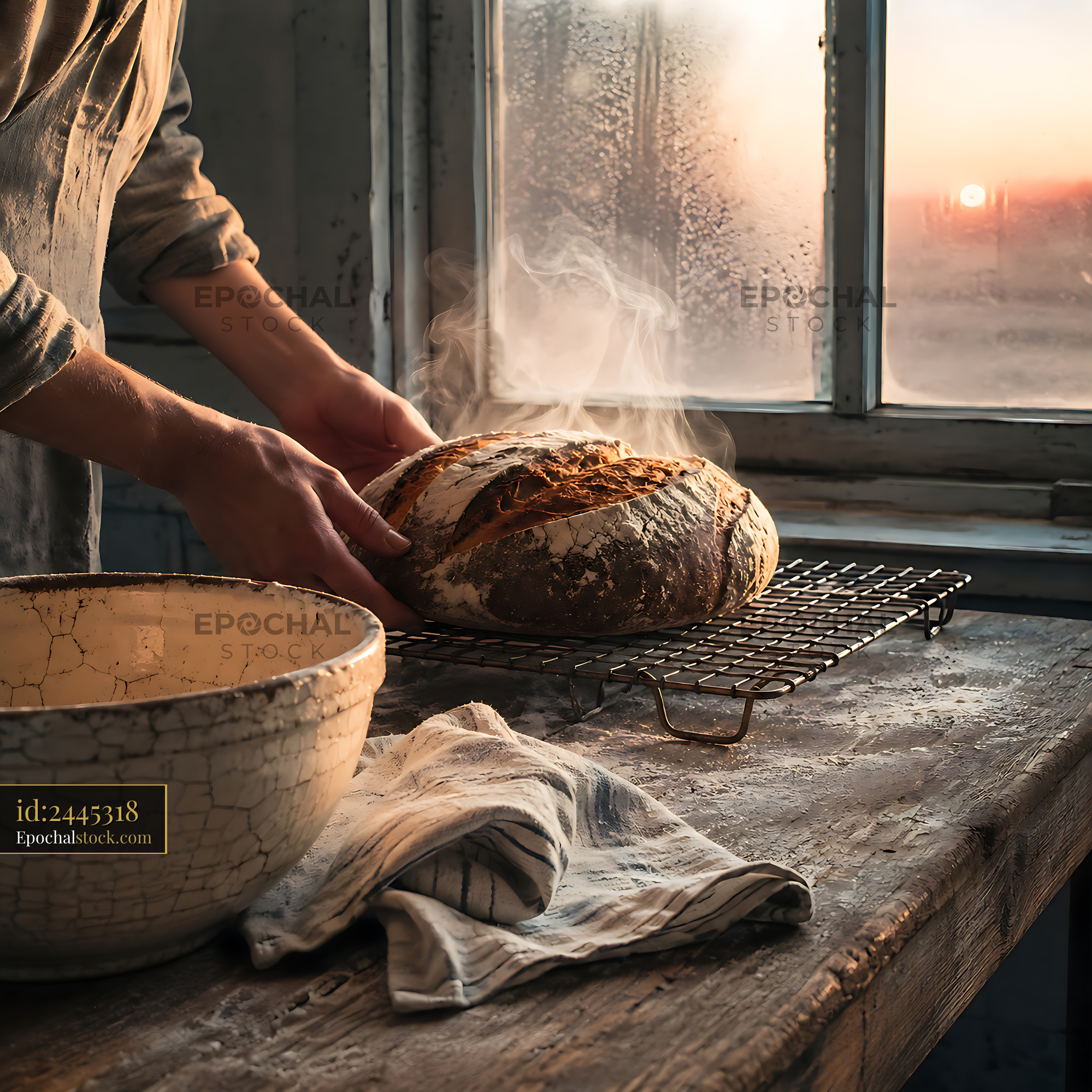 Watermarked full-resolution preview of Baker removes fresh bread from oven at sunset