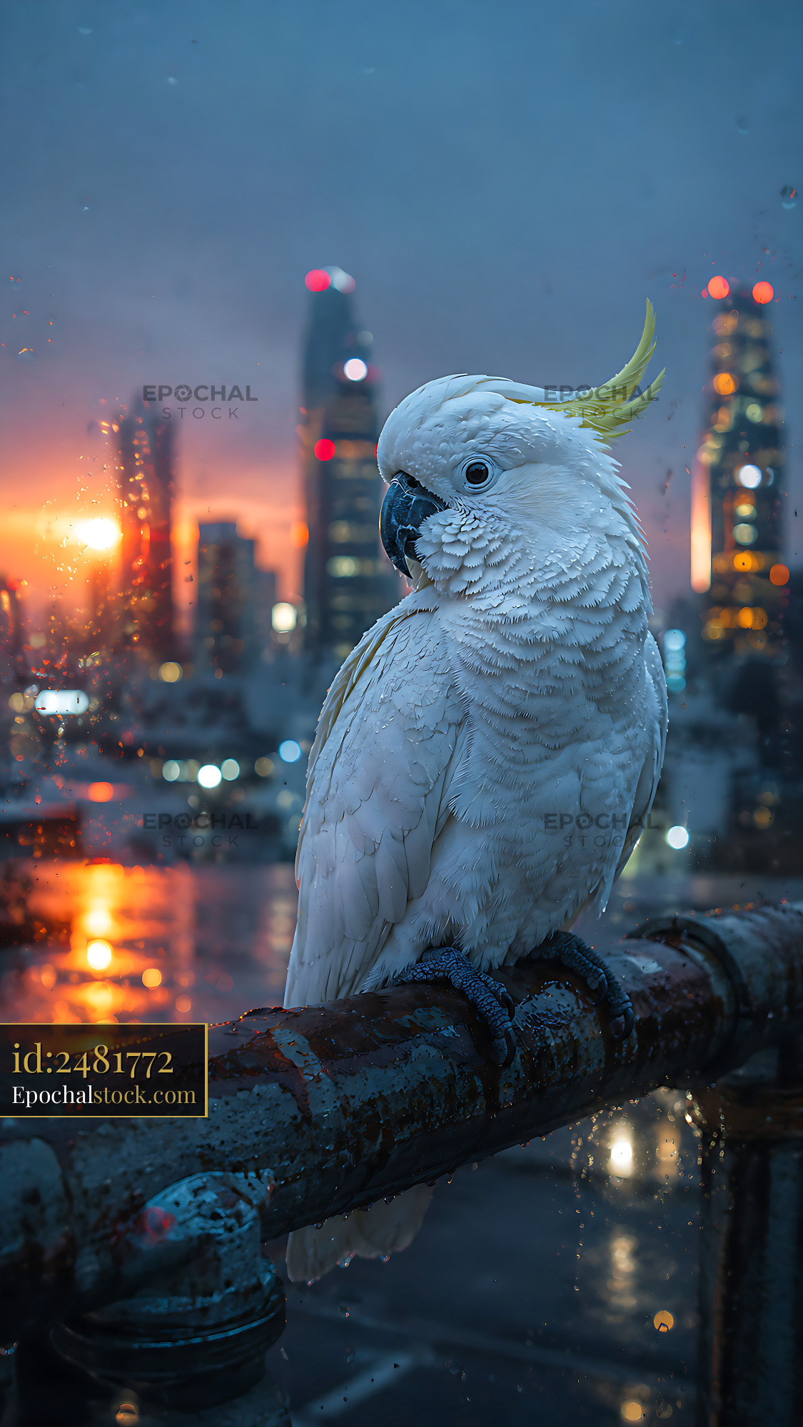Watermarked full-resolution preview of Cockatoo perched on railing at sunset in urban setting