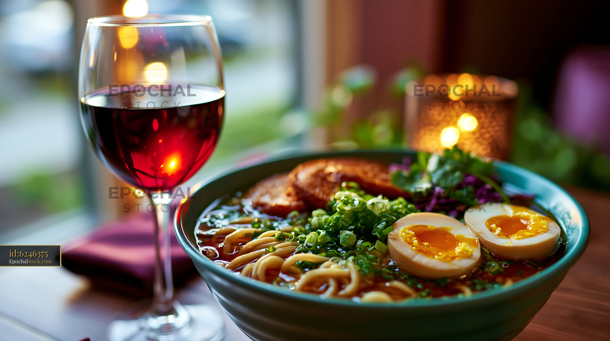 Watermarked full-resolution preview of Delicious bowl of ramen with wine on a wooden table
