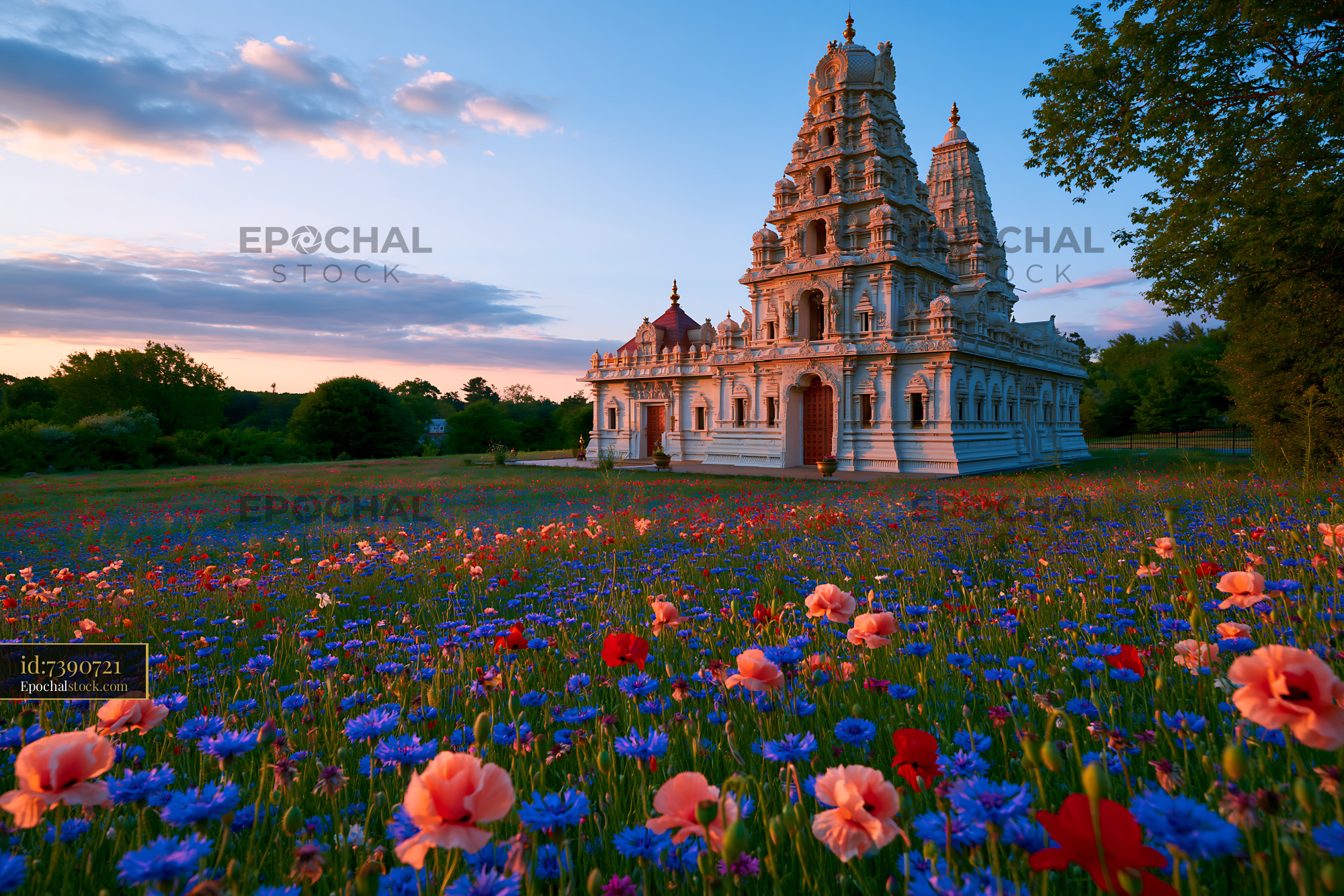 Watermarked full-resolution preview of Temple surrounded by colorful flowers during sunset