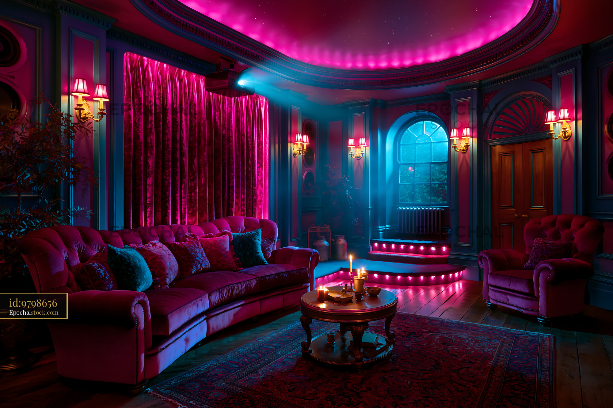 Watermarked full-resolution preview of Cozy interior with bright pink lights and dark furniture at night