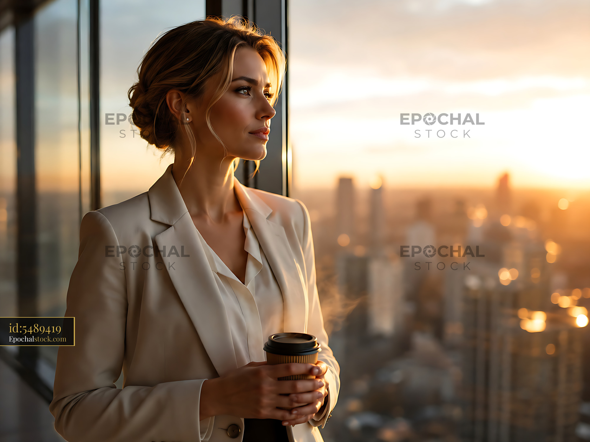 Woman Holding Coffee and Looking at Sunset From Office - stock photo