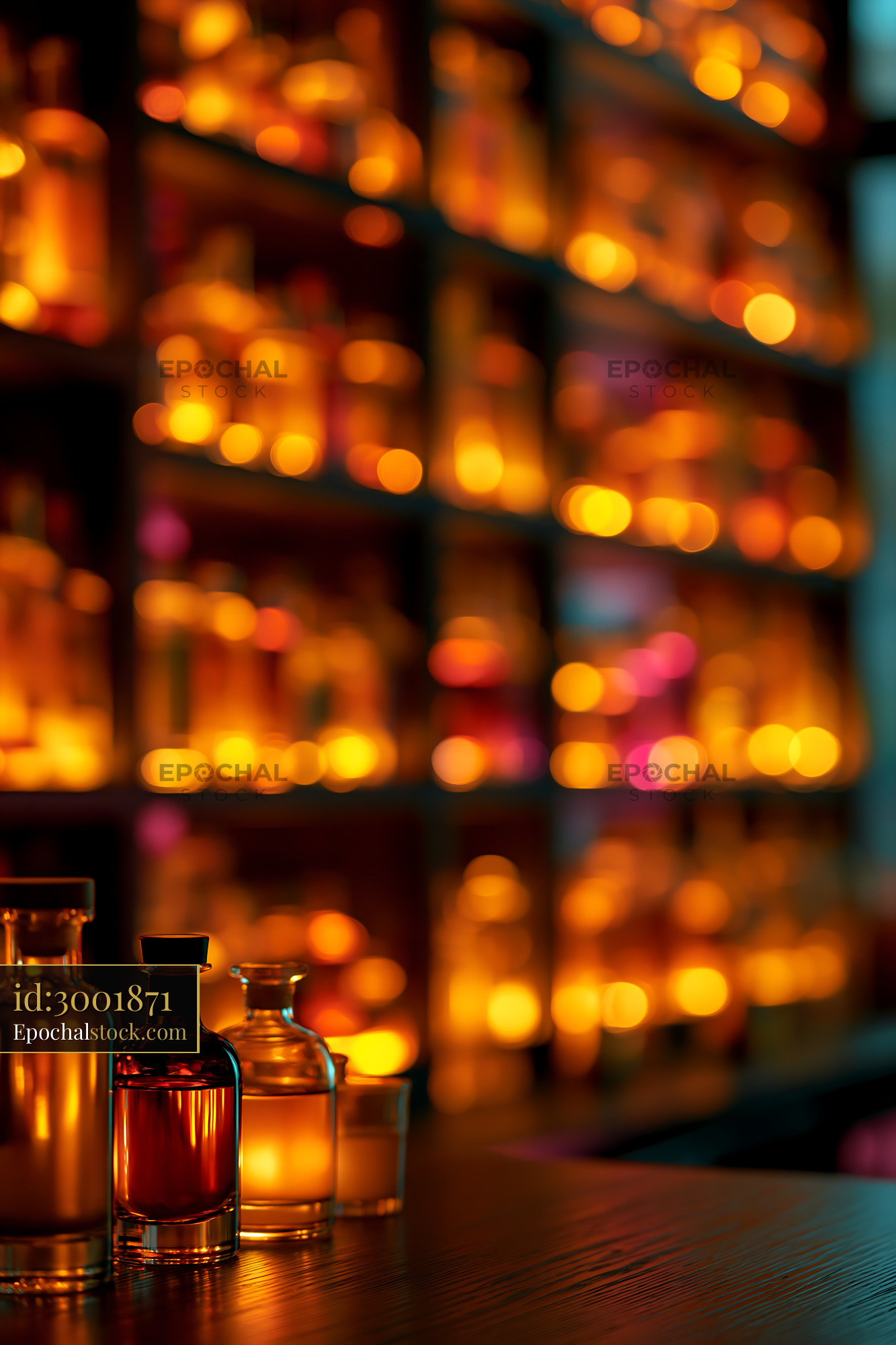 Watermarked full-resolution preview of Warm light shines through glass bottles on a bar shelf