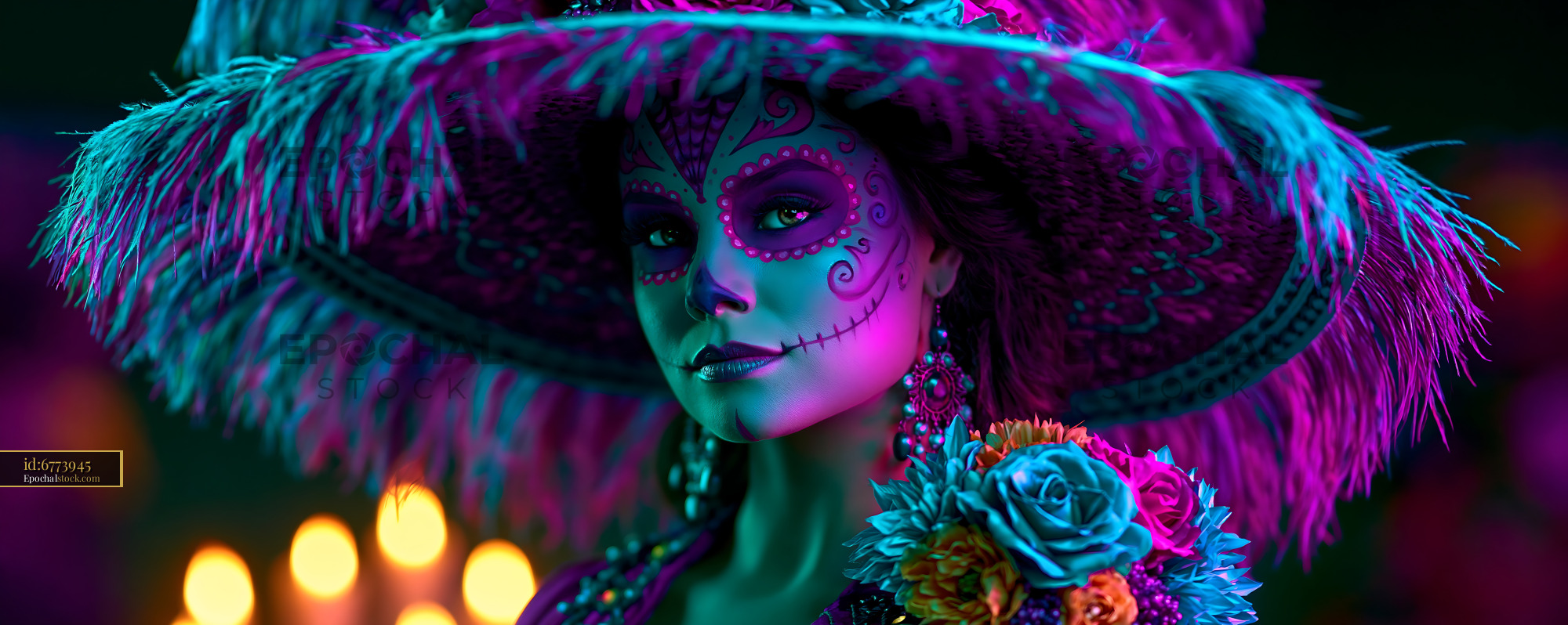 Watermarked full-resolution preview of Day of the Dead celebration with woman in colorful costume
