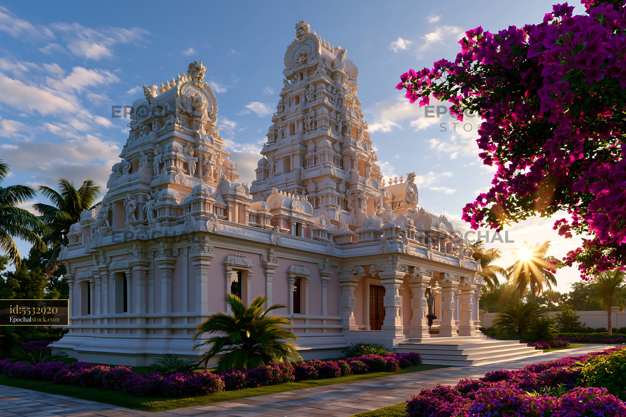 Watermarked full-resolution preview of Magnificent temple structure surrounded by vibrant flowers and trees