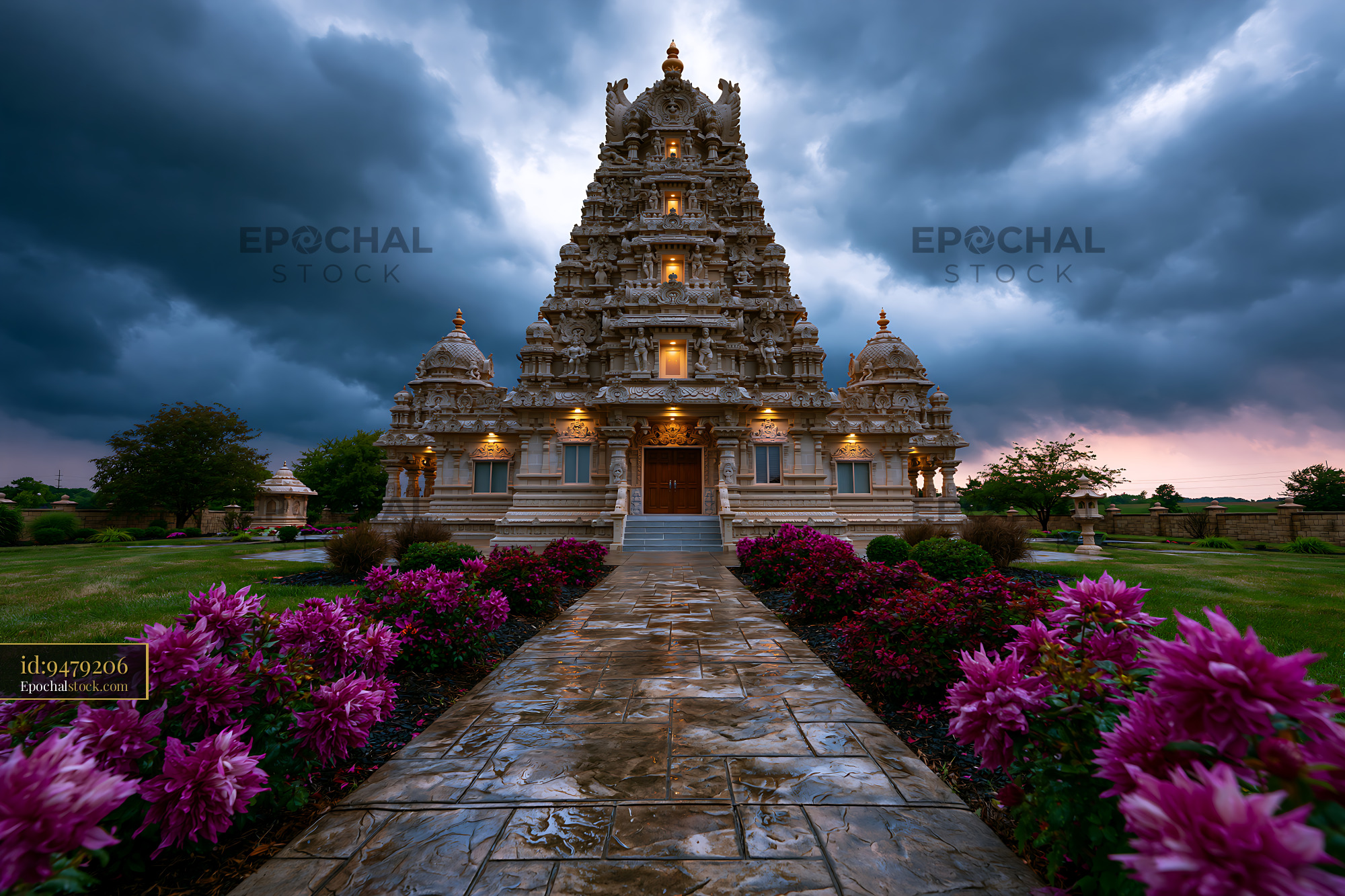 Watermarked full-resolution preview of Temple with stone structure and garden under cloudy sky