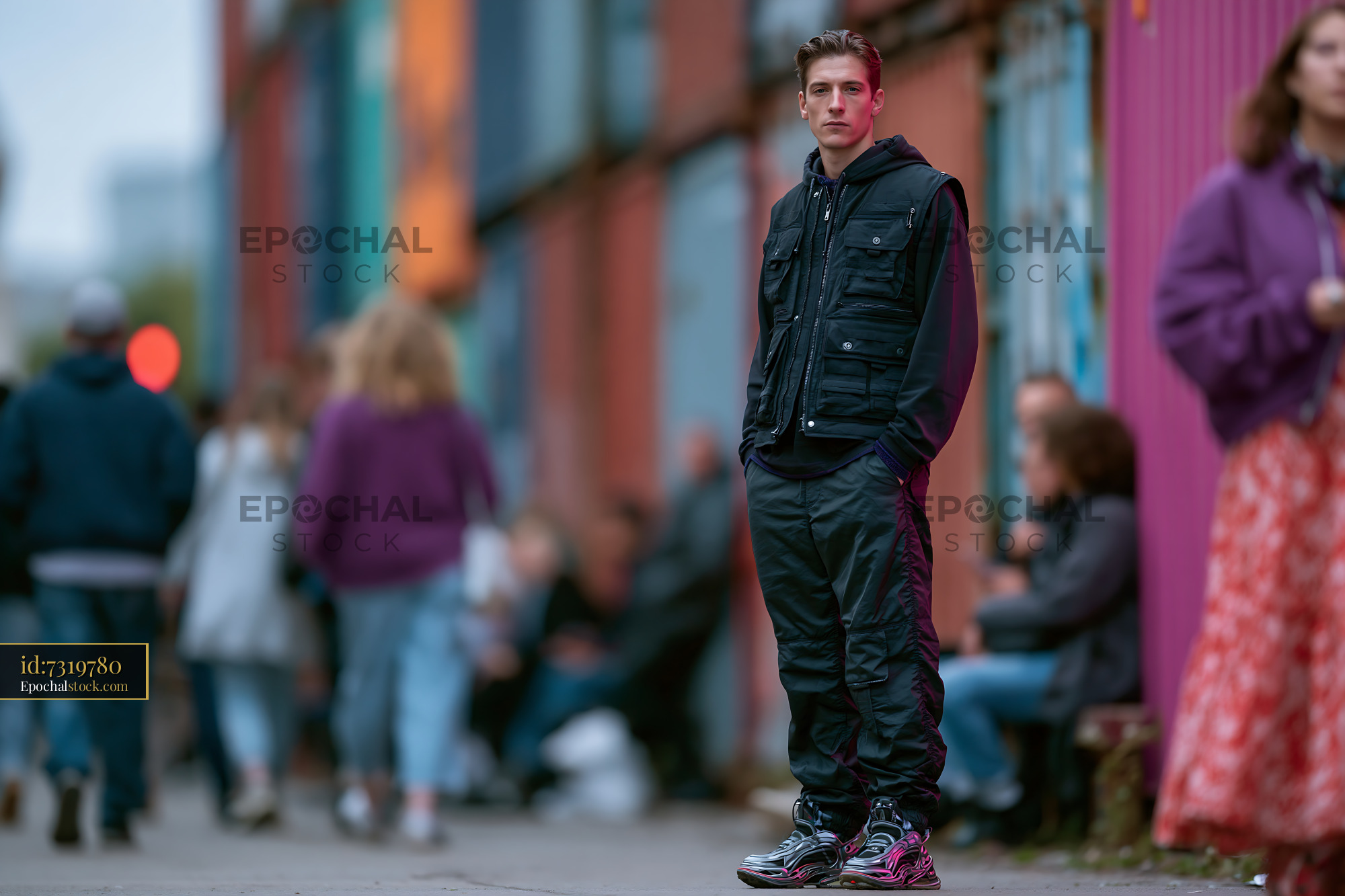 Man in Tactical Vest Standing in Urban Setting With People - stock photo