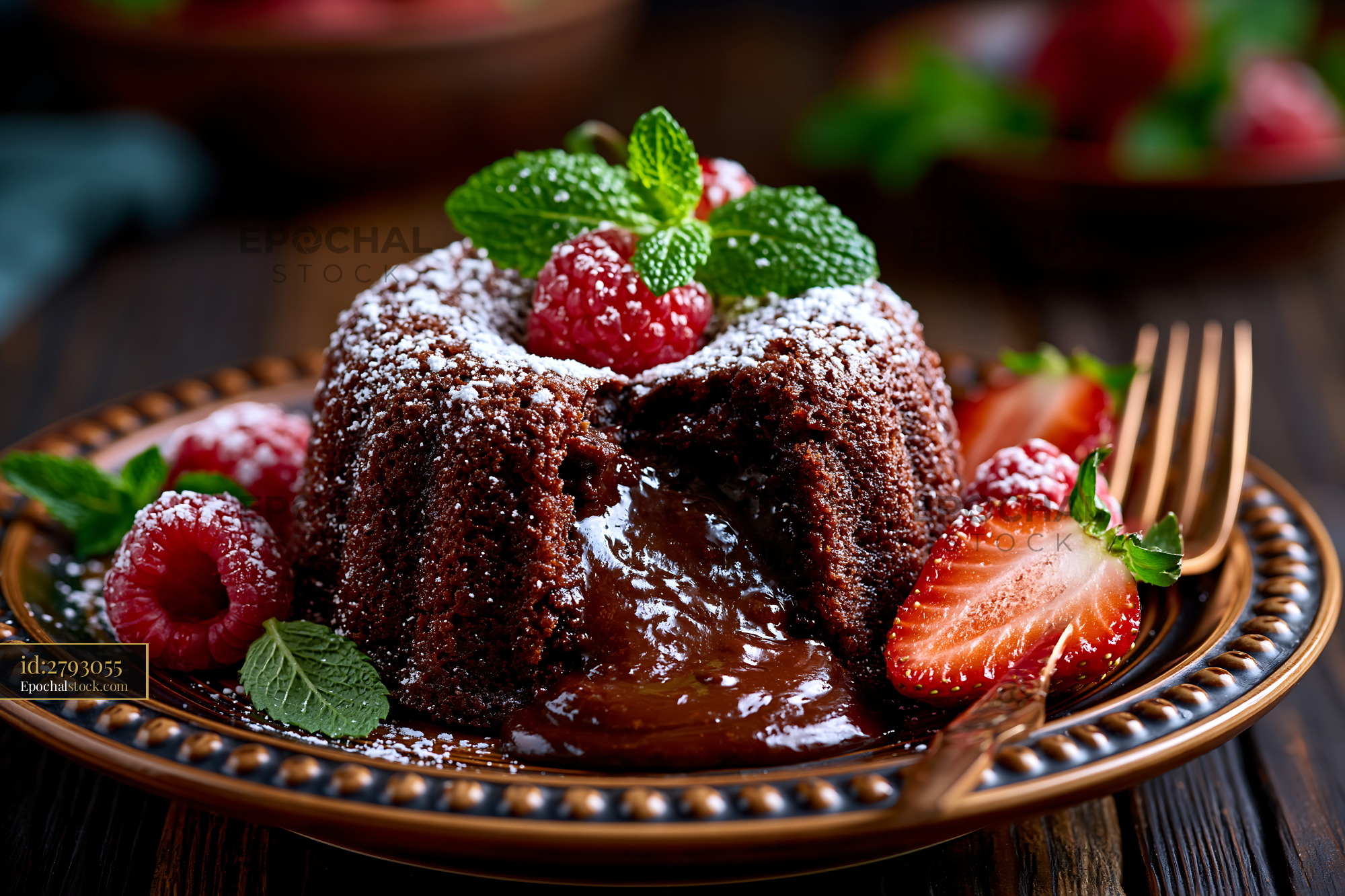 Watermarked full-resolution preview of Chocolate dessert with melted center served with berries