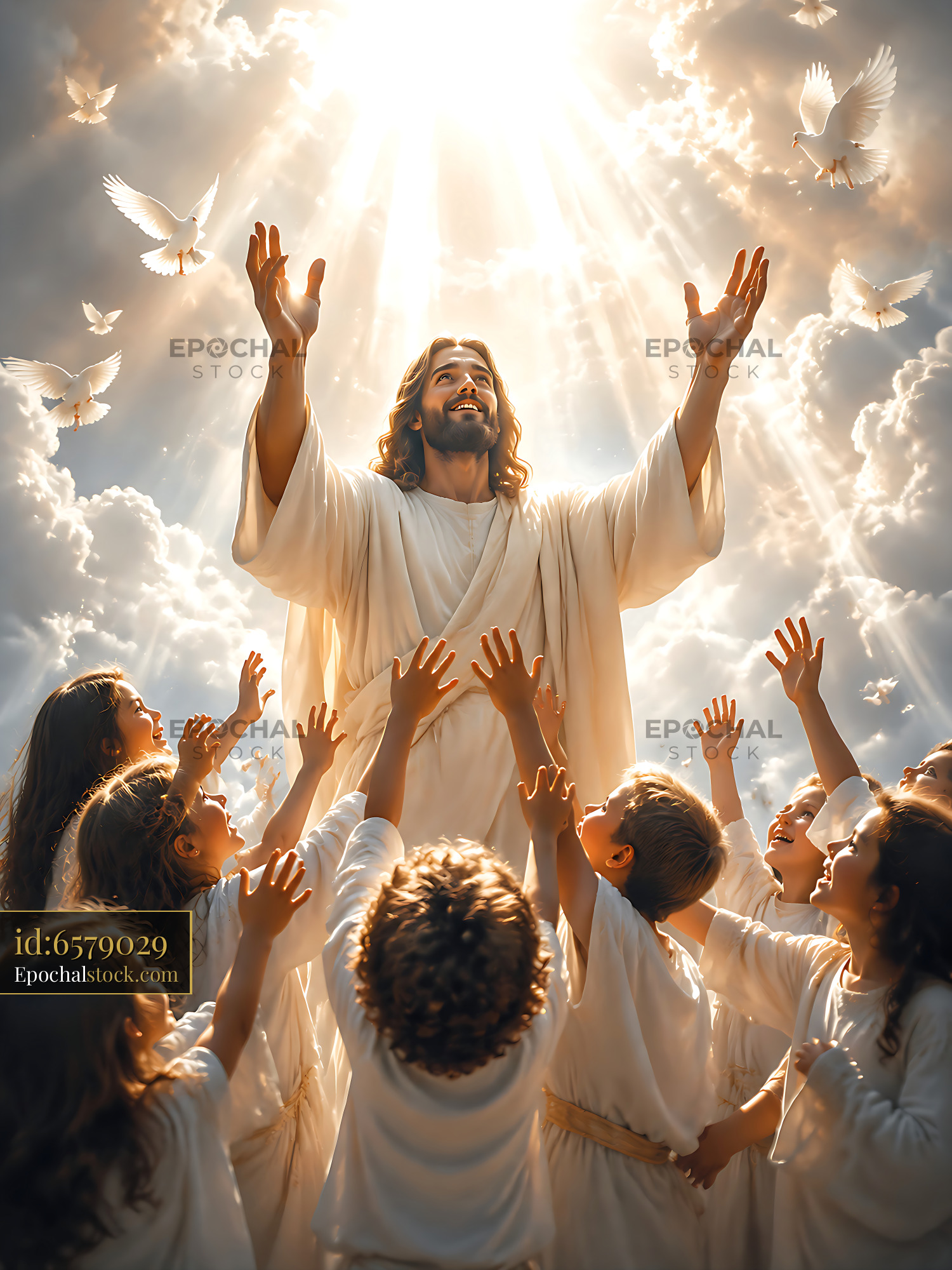 Jesus Engages With Children, Surrounded by Light and Doves - stock photo