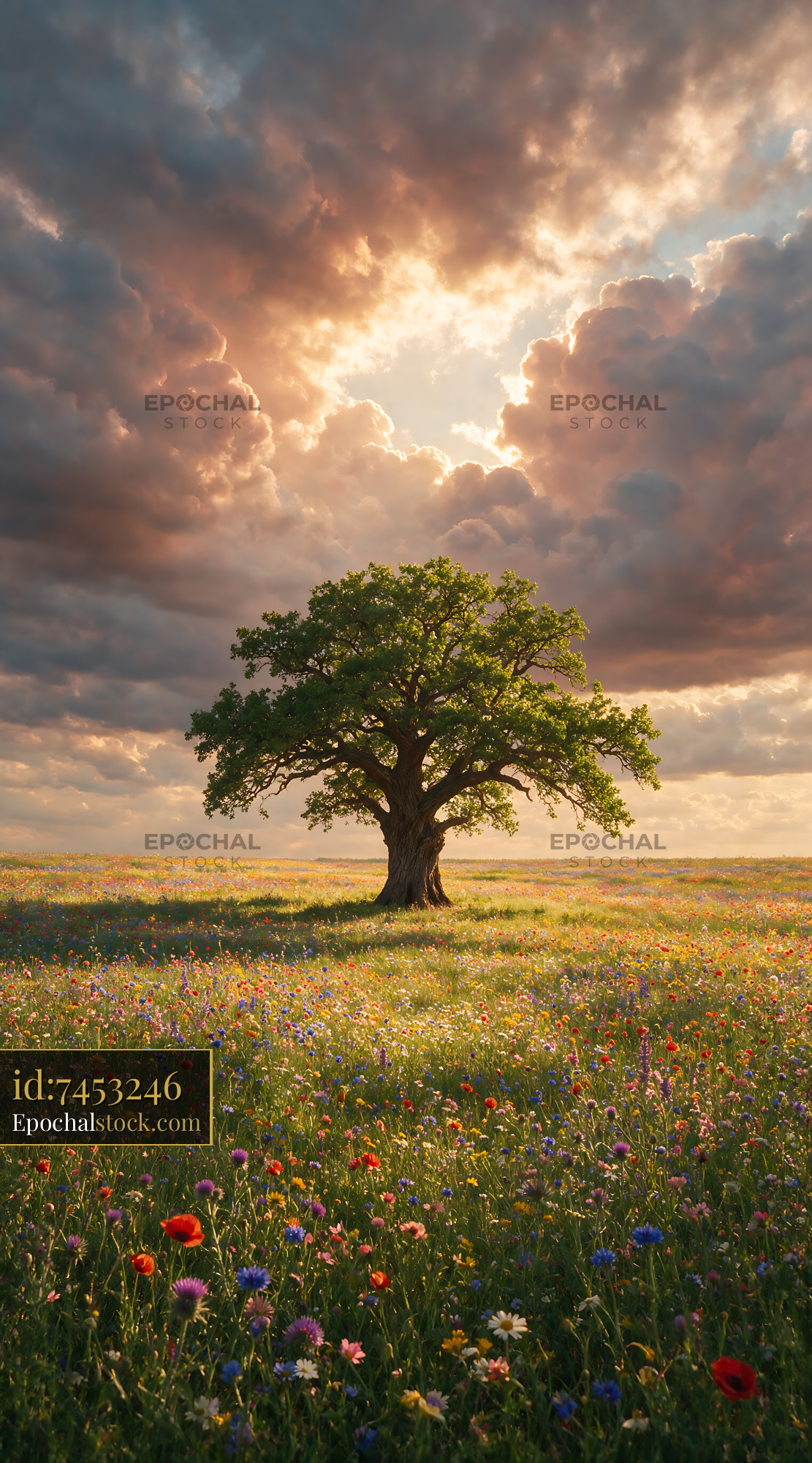 Watermarked full-resolution preview of Lone tree in a colorful flower field under cloudy sky