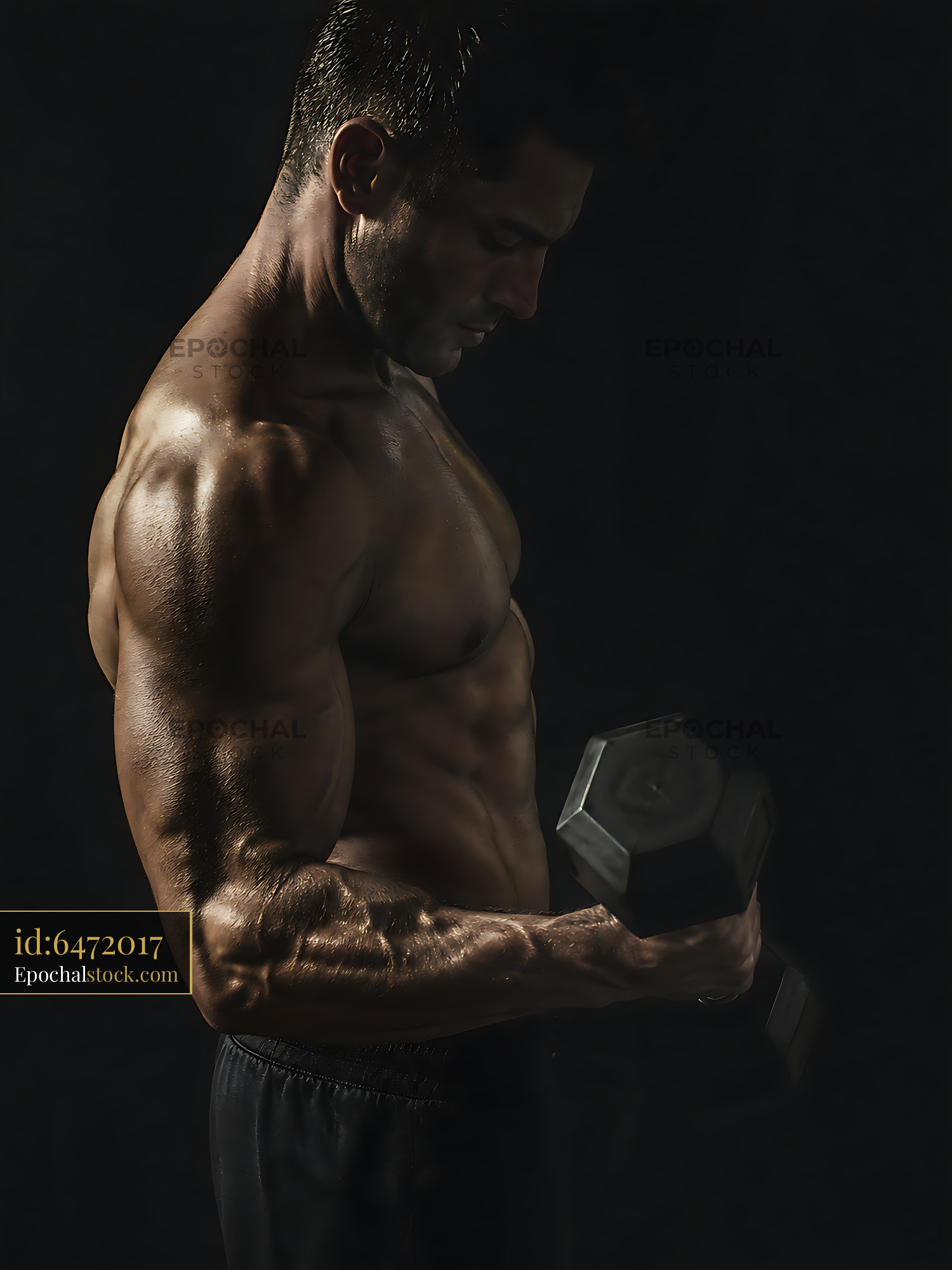 Watermarked full-resolution preview of Muscular man lifting a dumbbell in low light