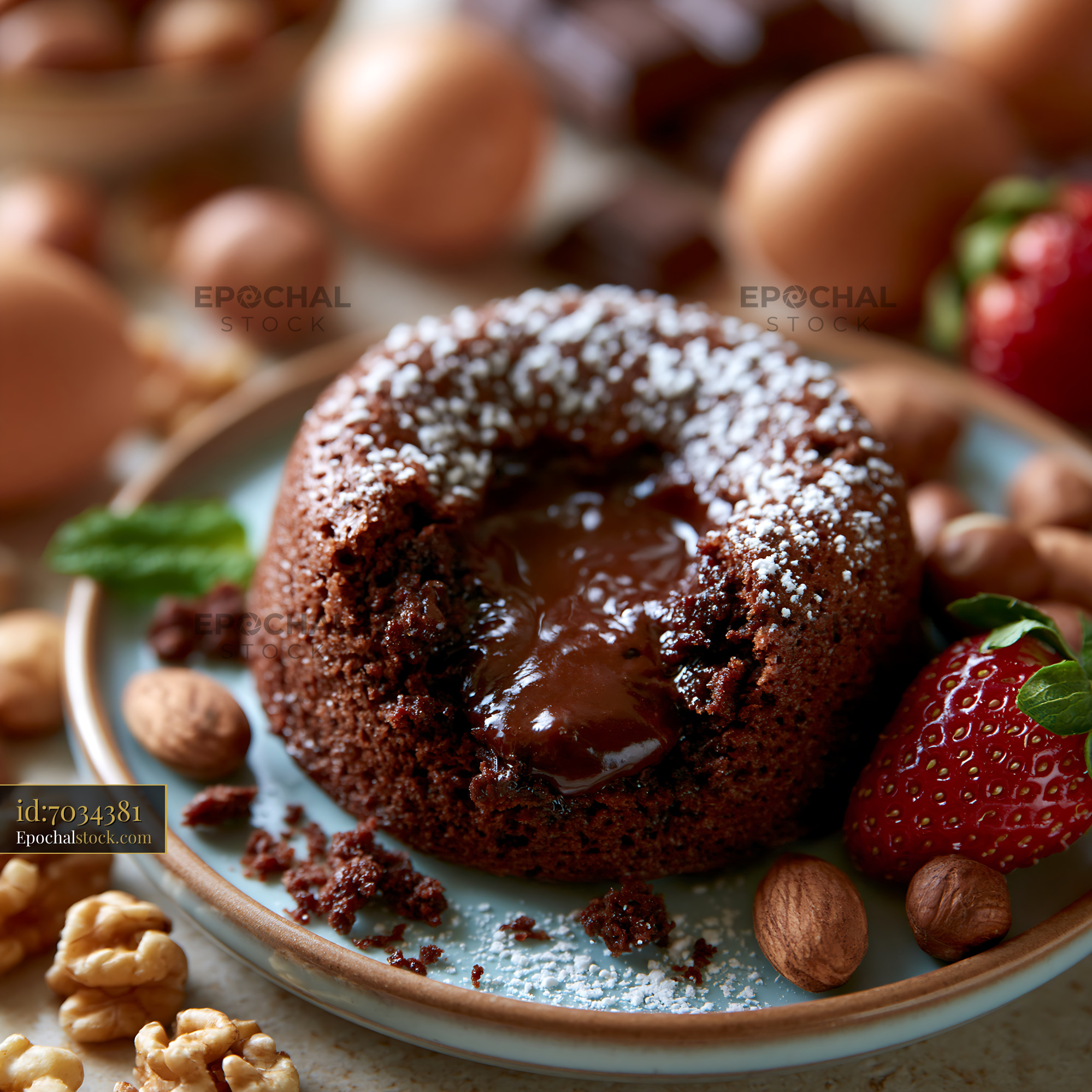 Watermarked full-resolution preview of Chocolate lava cake with strawberries and nuts on a plate