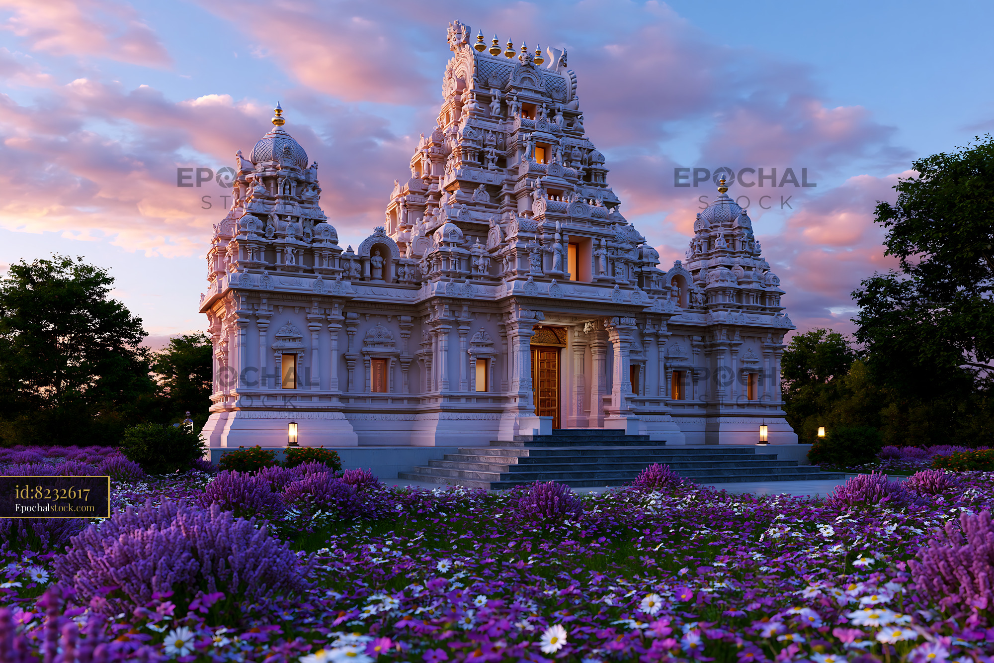 Watermarked full-resolution preview of Temples surrounded by flowers at dusk with colorful clouds