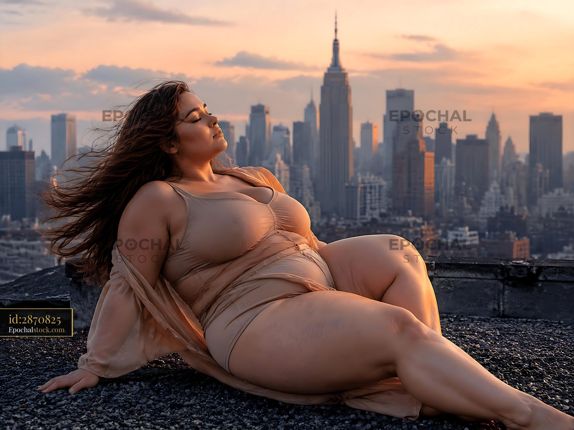 Watermarked full-resolution preview of Woman sitting on rooftop during sunset in New York City
