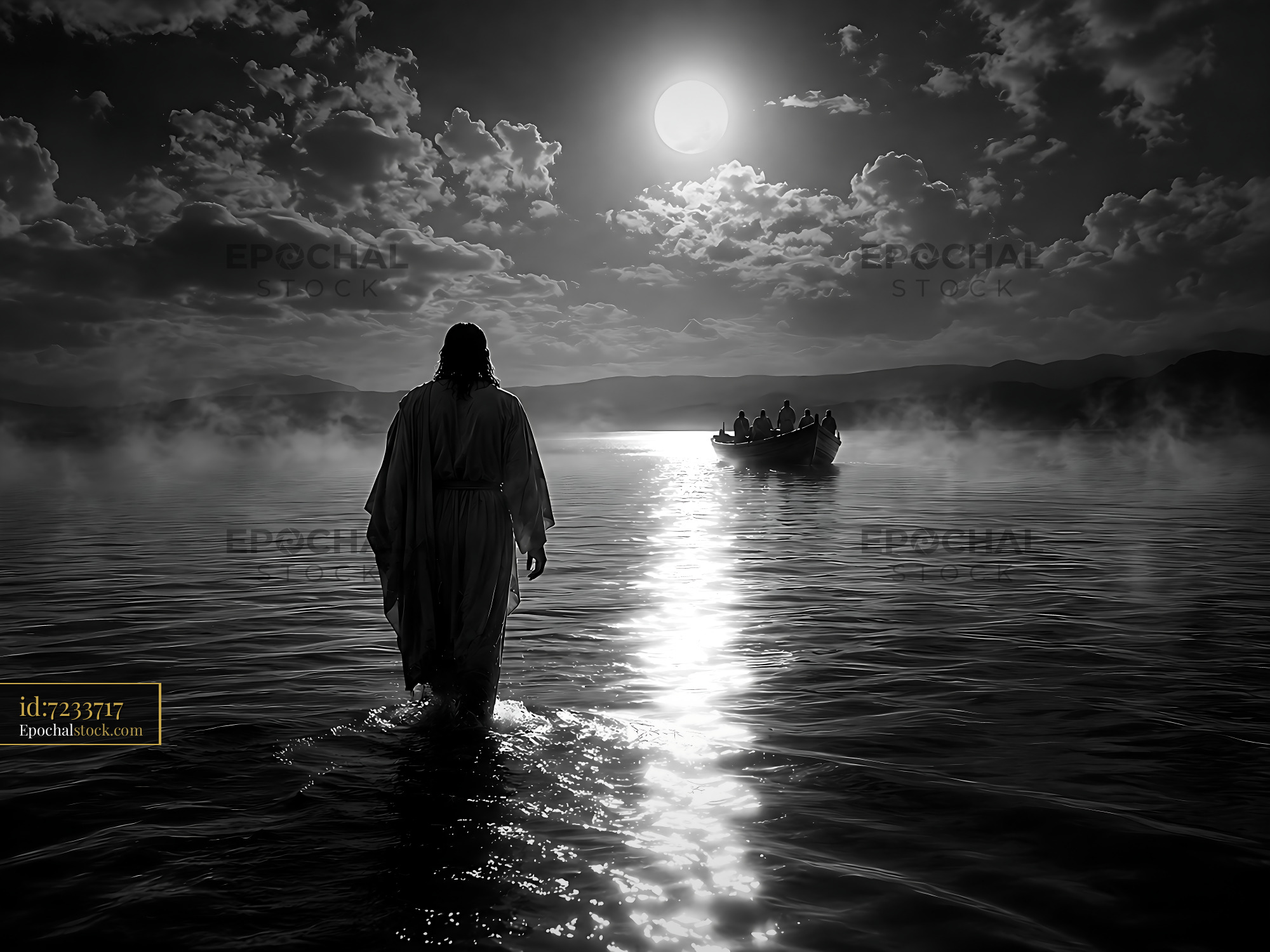 Watermarked full-resolution preview of Walking on water at sunset with a boat in the background