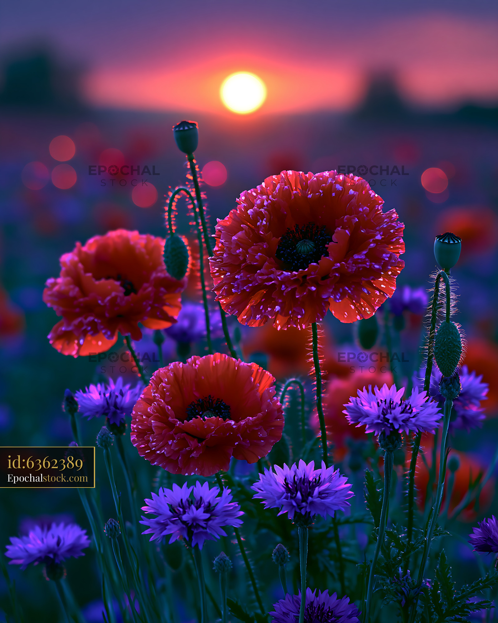 Watermarked full-resolution preview of Vibrant poppies and cornflowers at sunset in a field