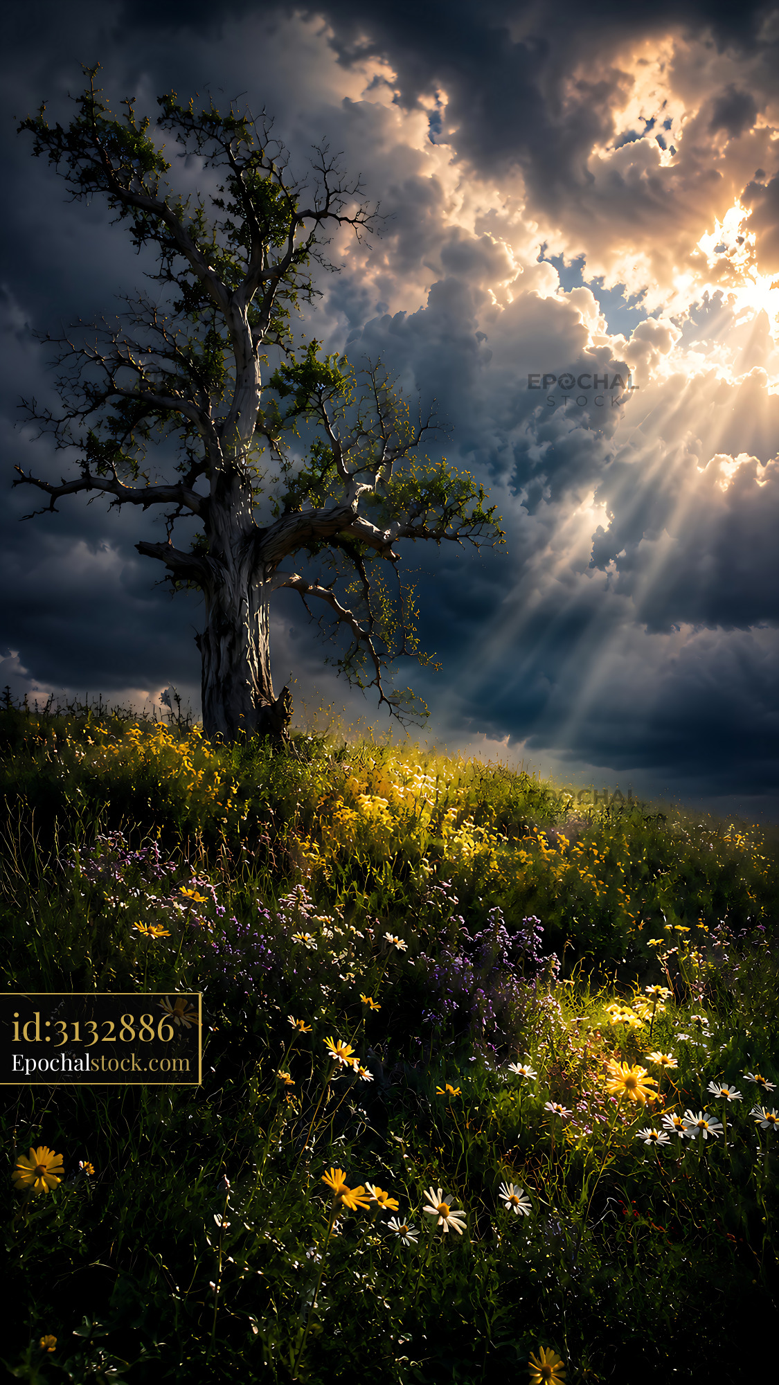Watermarked full-resolution preview of Dark clouds over a field of wildflowers with a tree