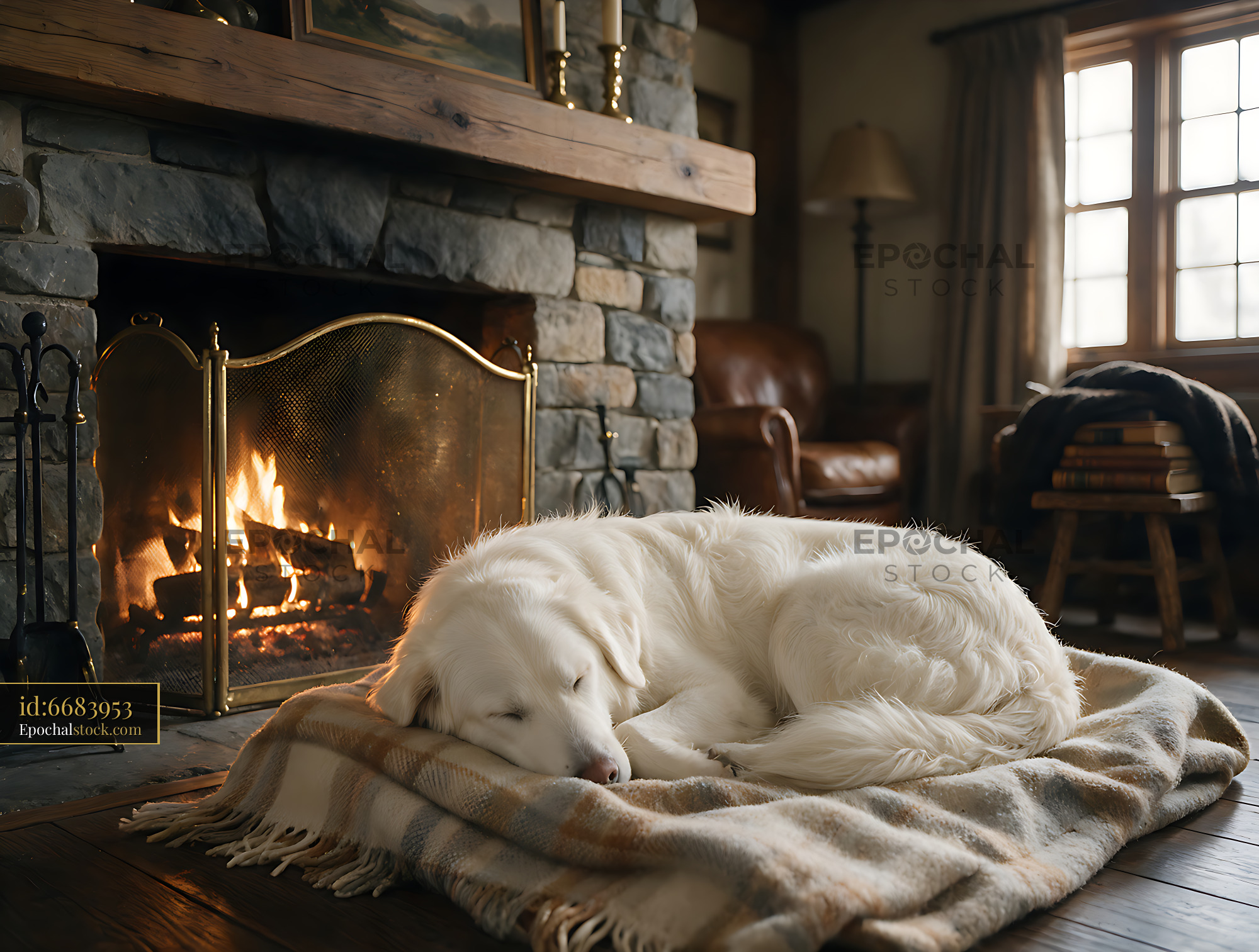 Watermarked full-resolution preview of Sleeping white dog on a blanket near a fireplace