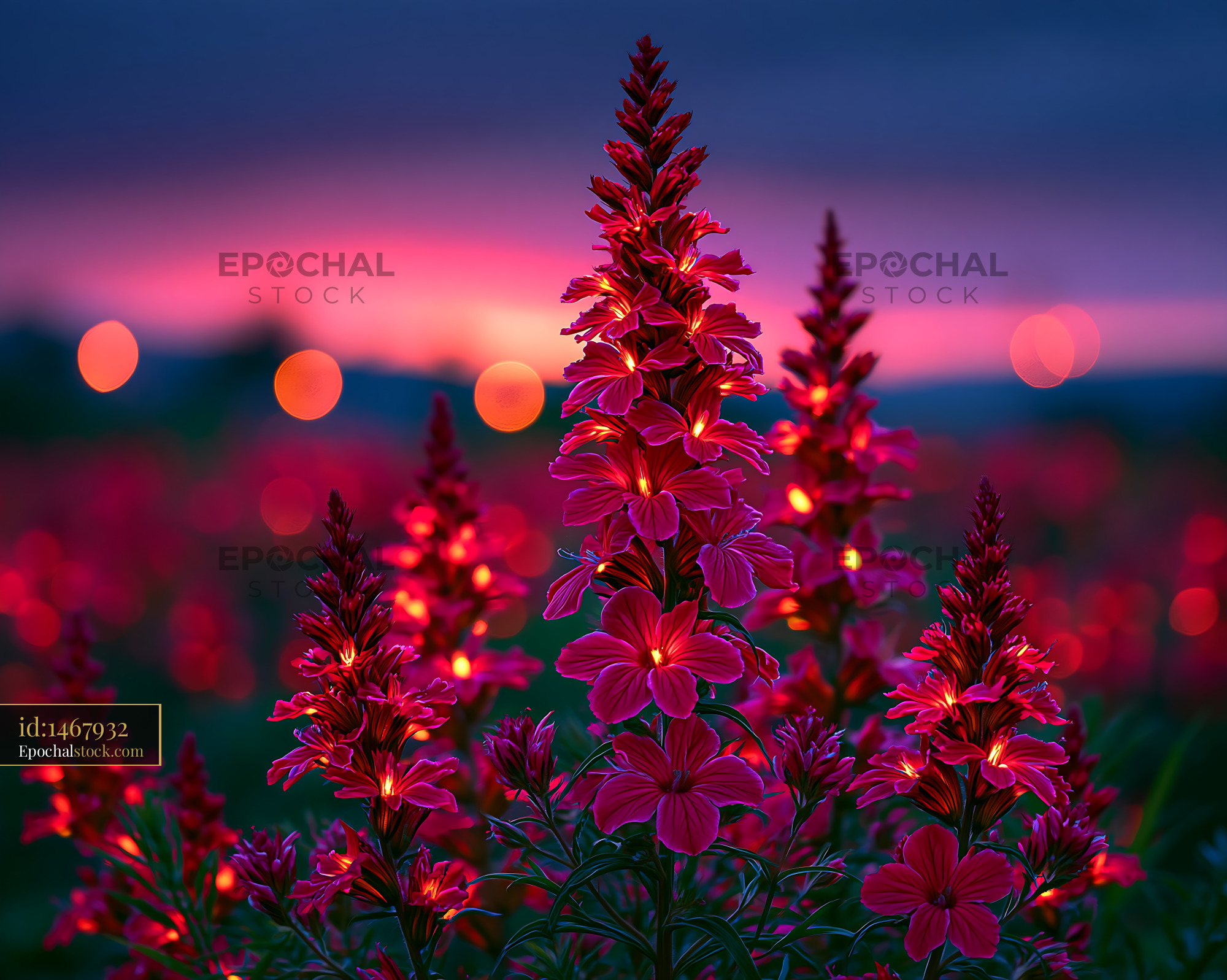 Watermarked full-resolution preview of Bright flowers bloom at sunset with blurred lights in background
