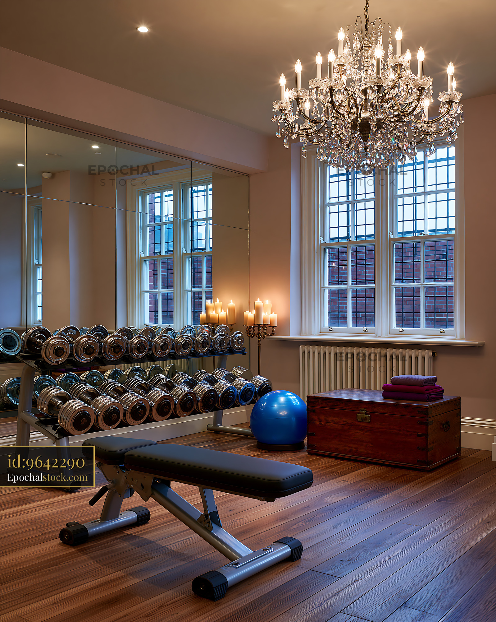 Watermarked full-resolution preview of Modern gym with weights and chandelier in bright room