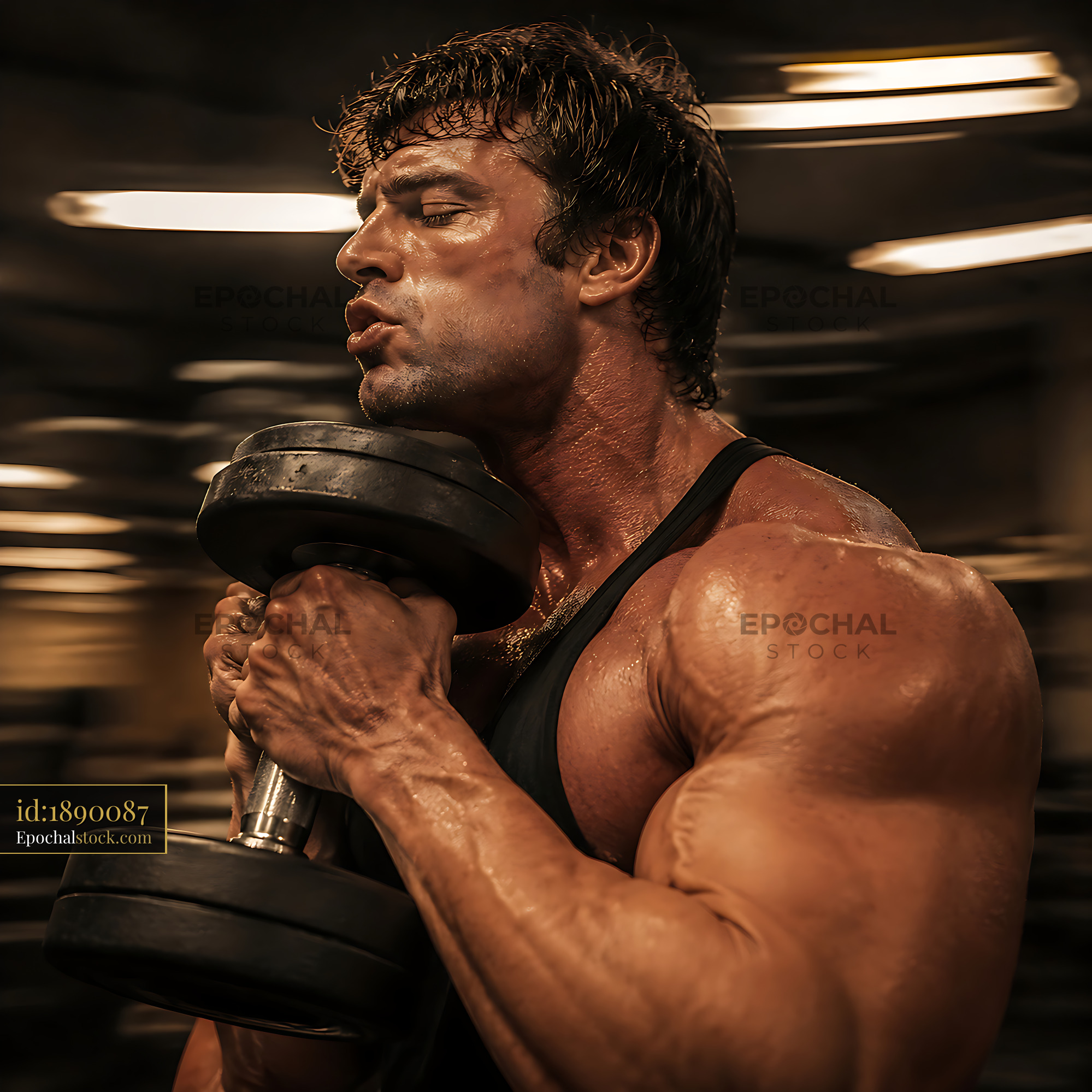 Watermarked full-resolution preview of Man lifting dumbbell in gym with blurred background