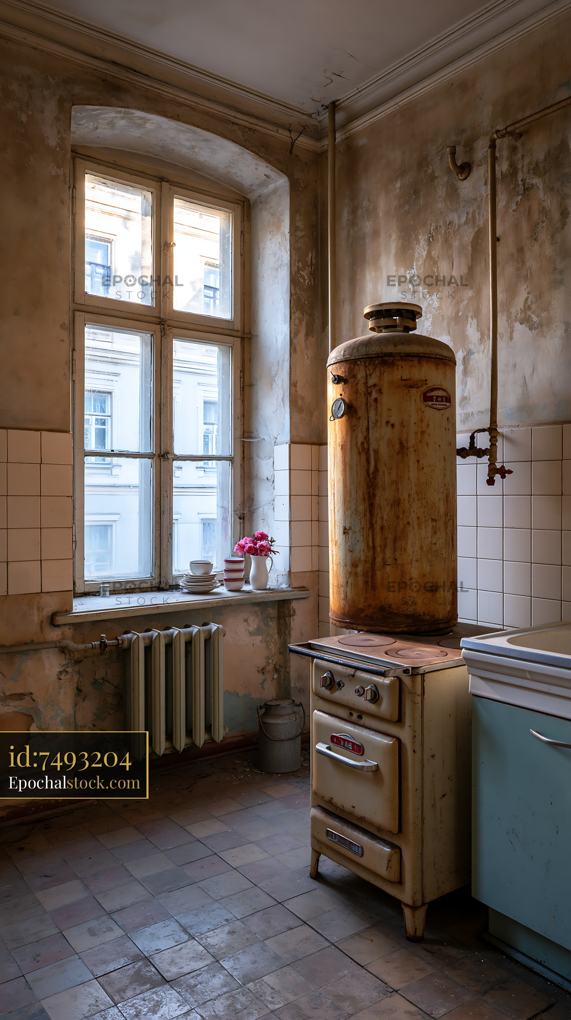 Watermarked full-resolution preview of Old kitchen with a large stove and window showing faded walls