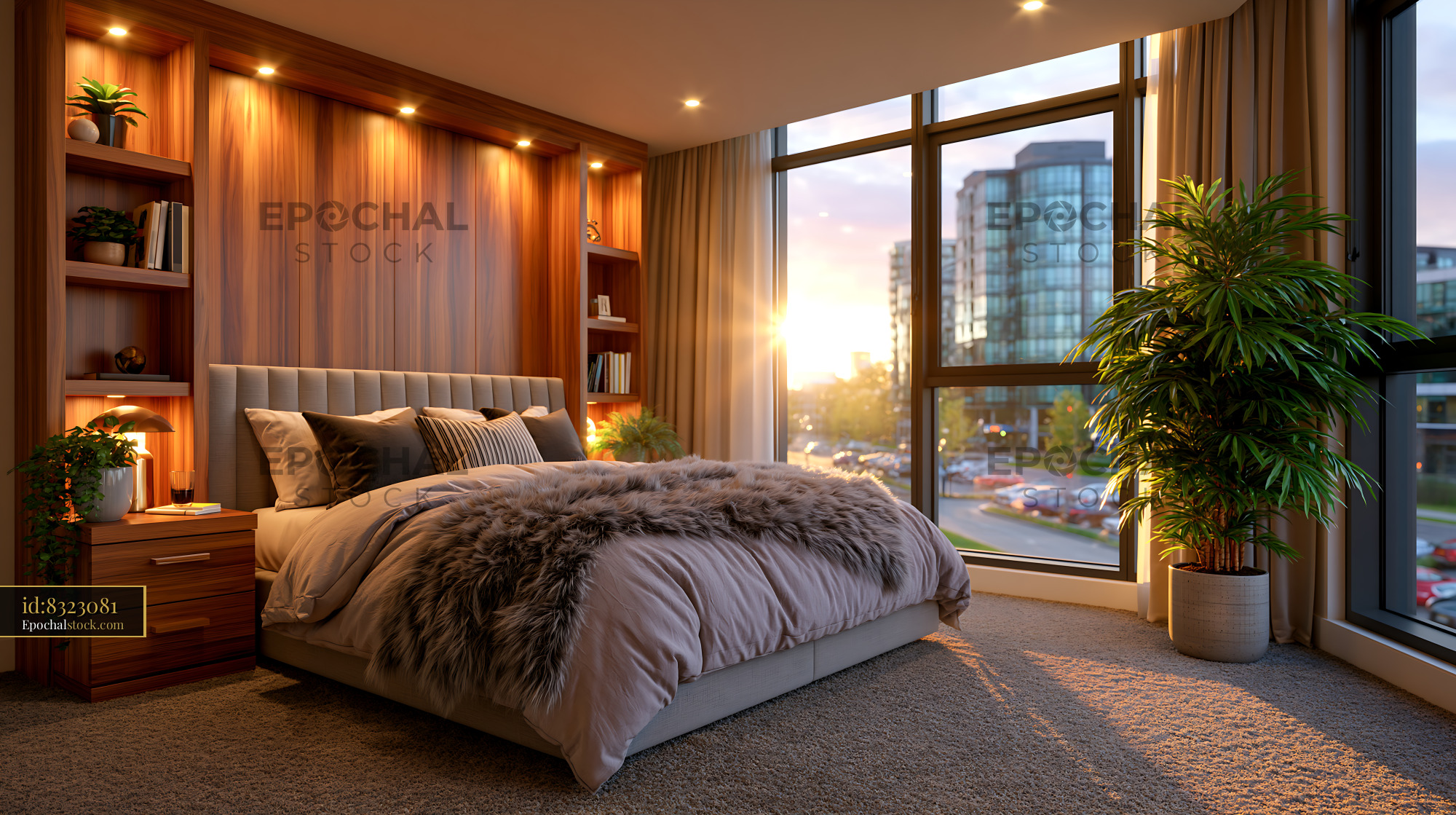 Watermarked full-resolution preview of Cozy bedroom interior with large window and city view