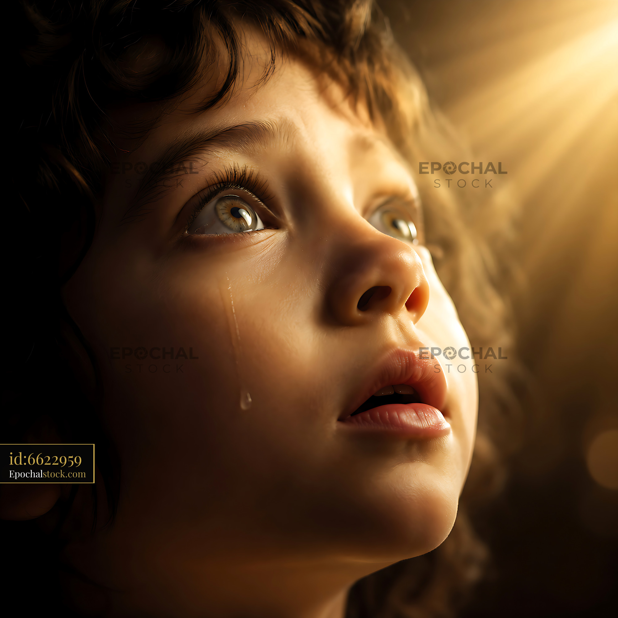 Watermarked full-resolution preview of Child looking up with tear in eye, light shining down