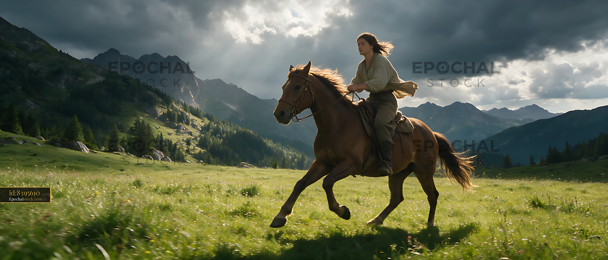 Watermarked full-resolution preview of Rider on horseback in a dramatic alpine meadow