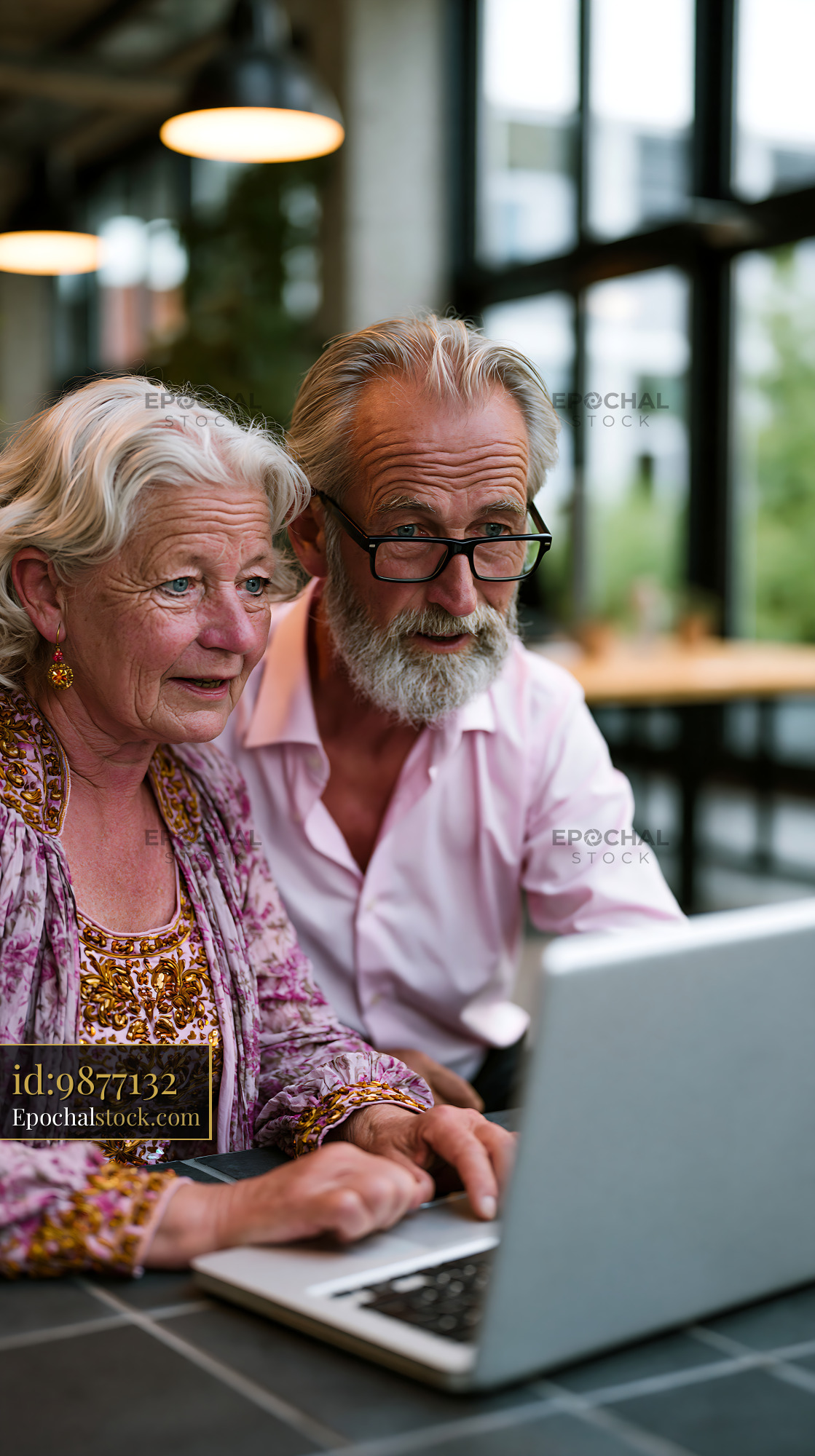 Watermarked full-resolution preview of Elderly couple using laptop in modern cafe