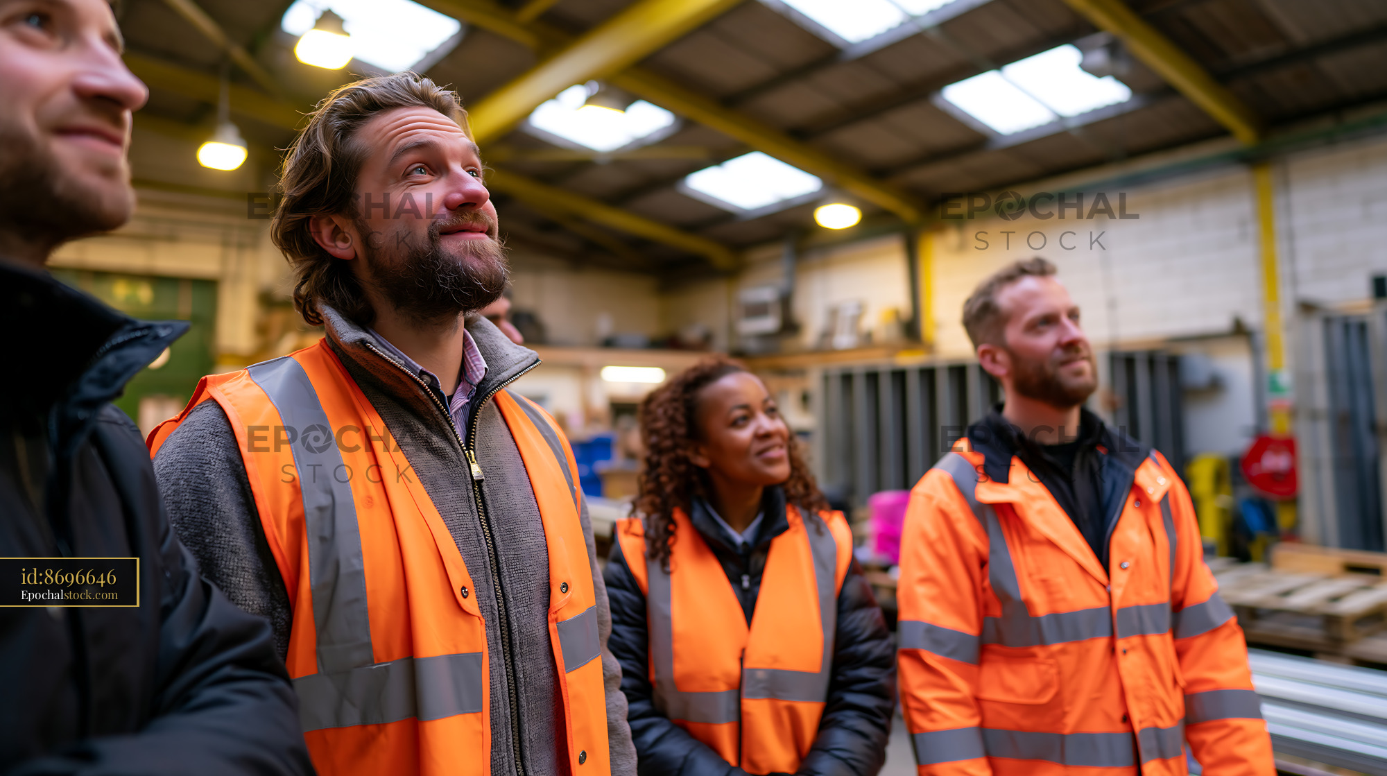 Watermarked full-resolution preview of Workers observing a presentation in a warehouse setting
