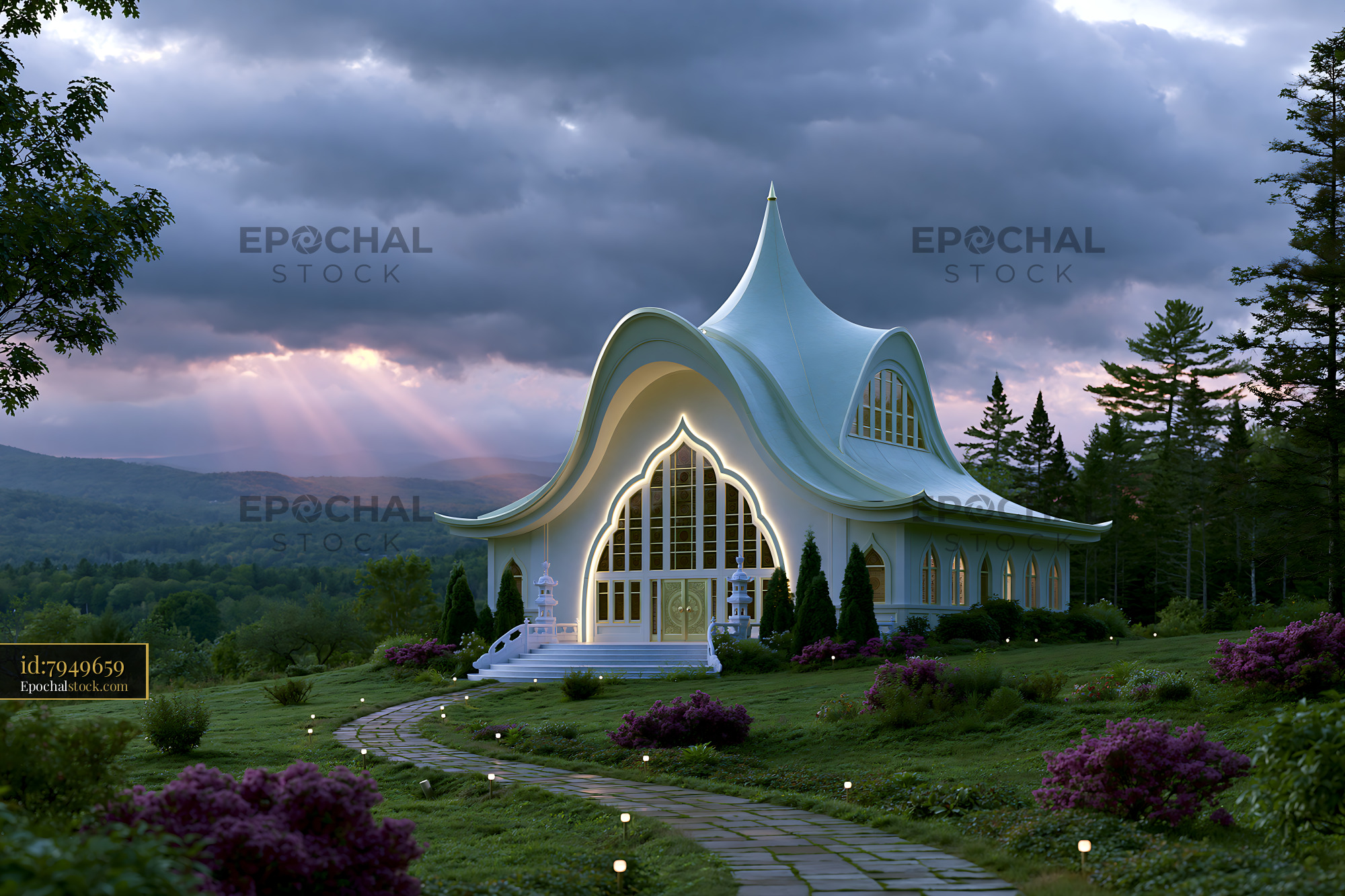 Watermarked full-resolution preview of Modern white chapel surrounded by trees and flowers