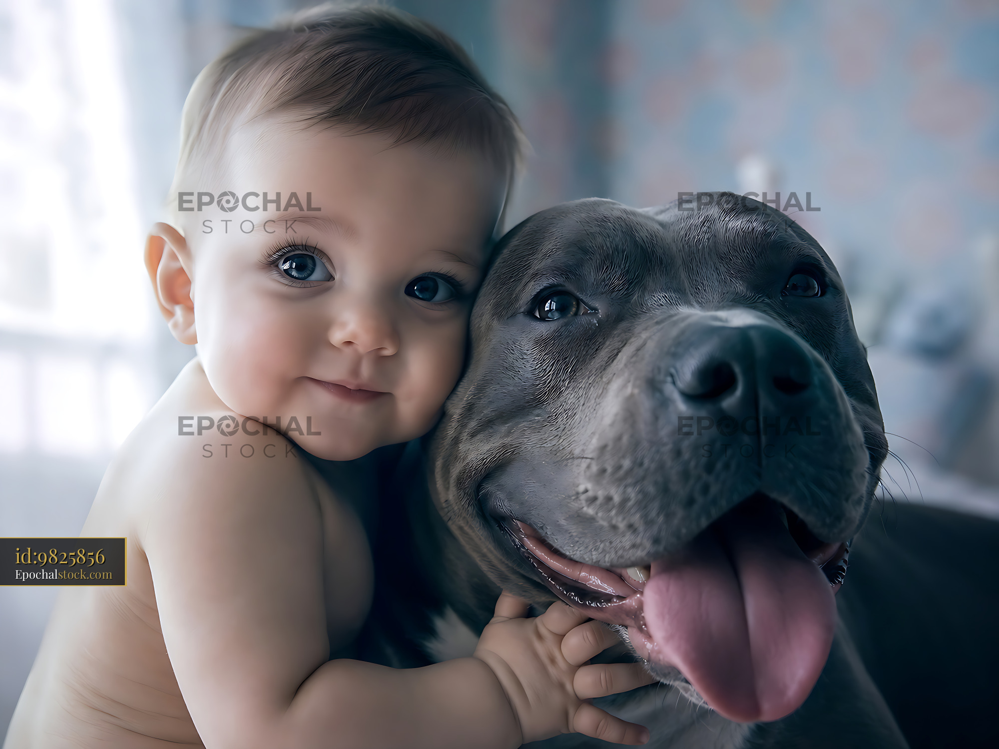 Watermarked full-resolution preview of Baby and dog share a moment of joy indoors