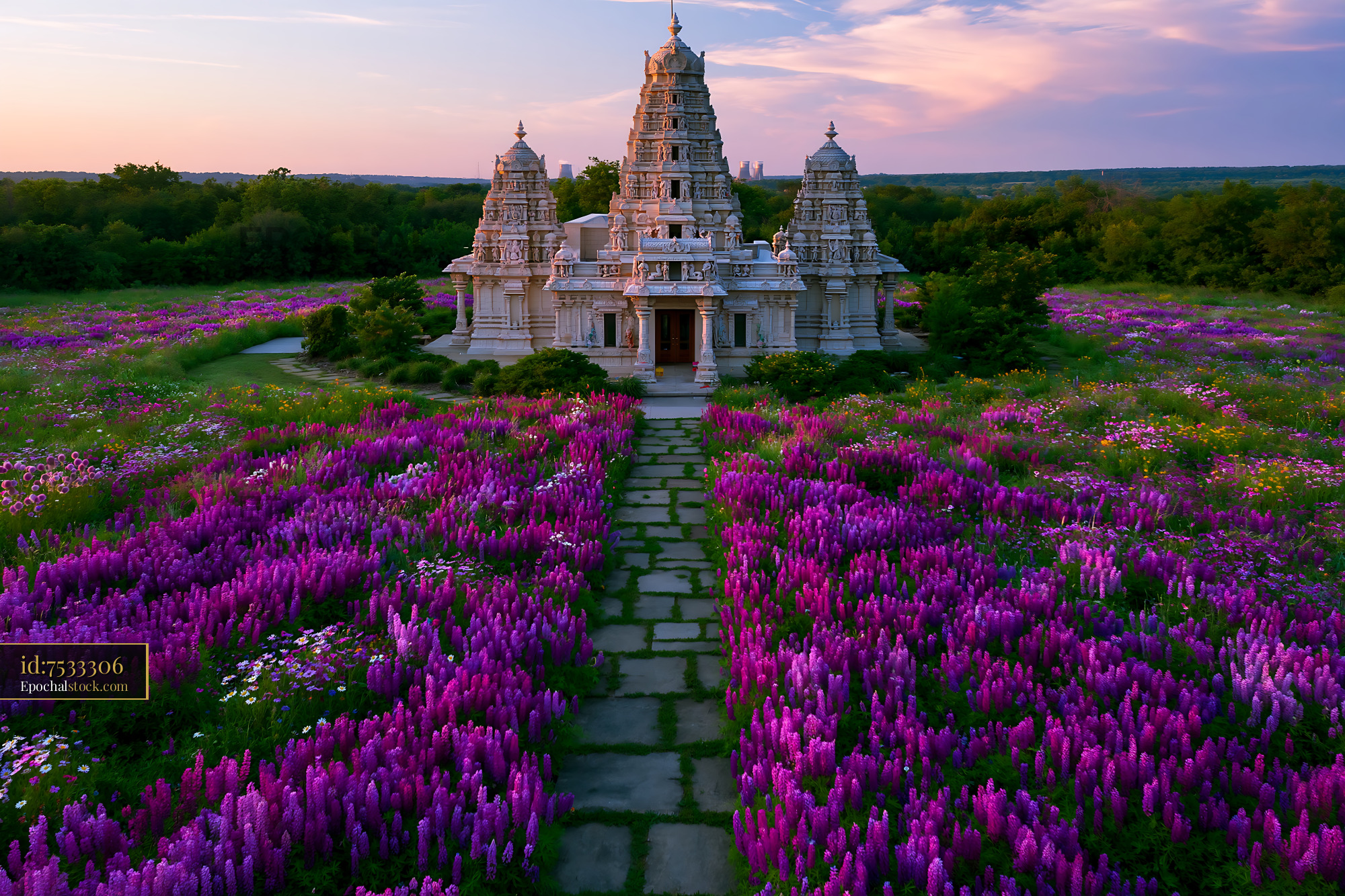 Watermarked full-resolution preview of Temple surrounded by a field of purple flowers during sunset