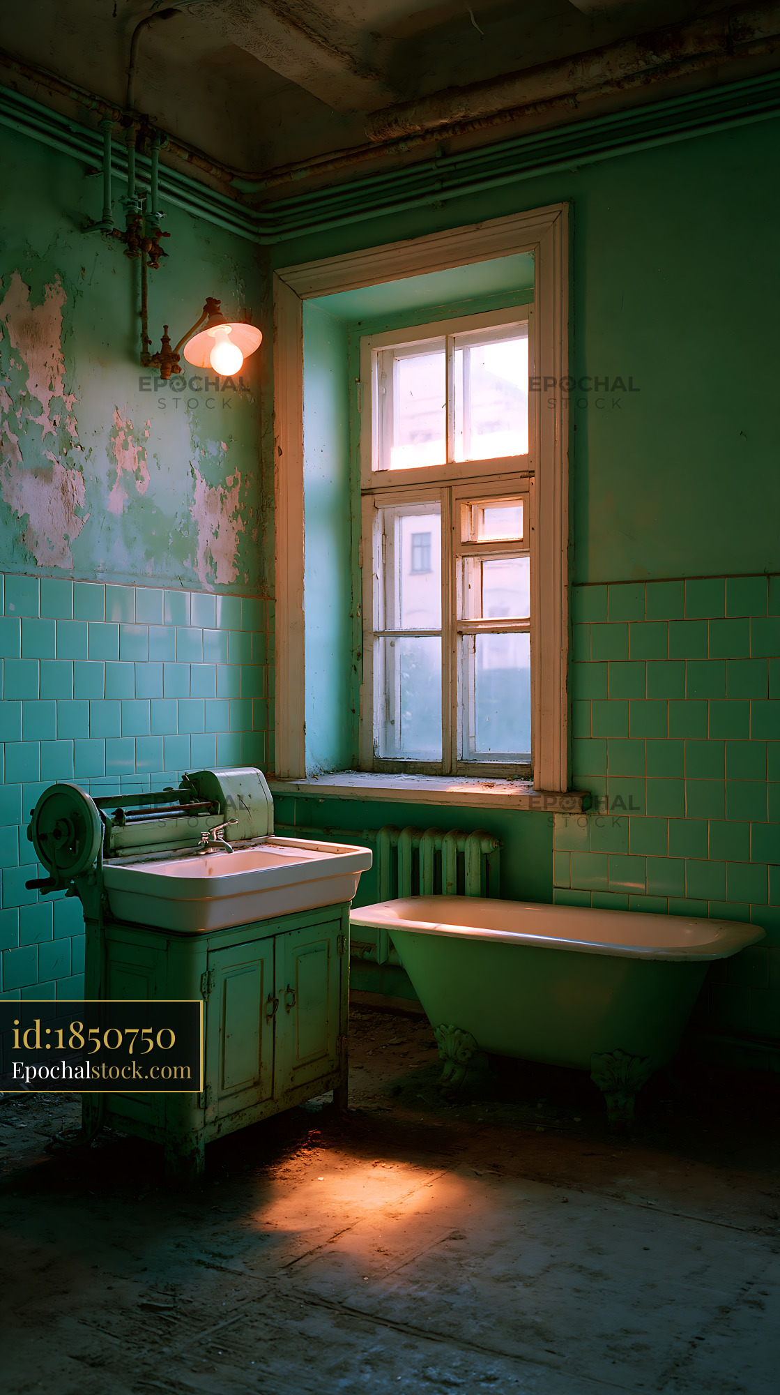 Watermarked full-resolution preview of Old bathroom with vintage fixtures under soft light