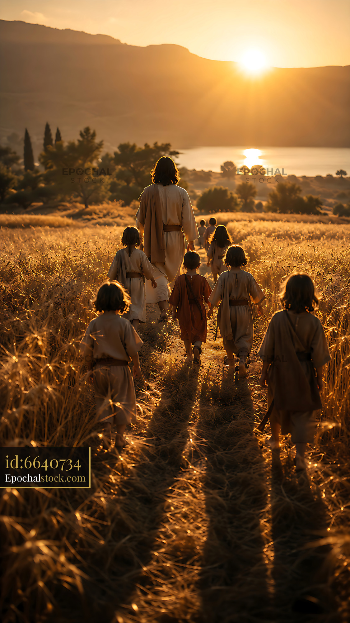Watermarked full-resolution preview of Walking in a field at sunset with children