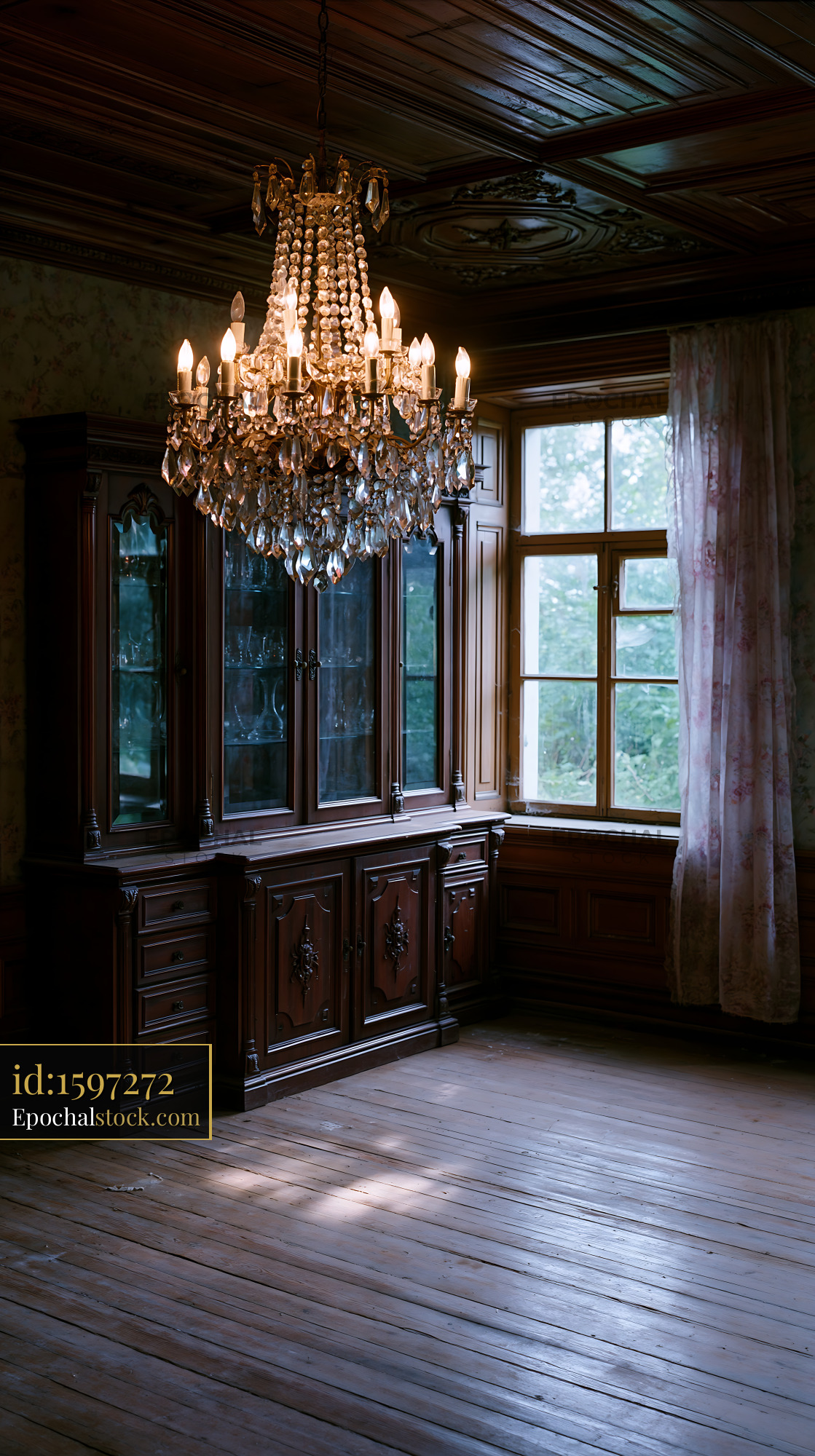 Watermarked full-resolution preview of Elegant chandelier illuminates vintage wooden room with windows