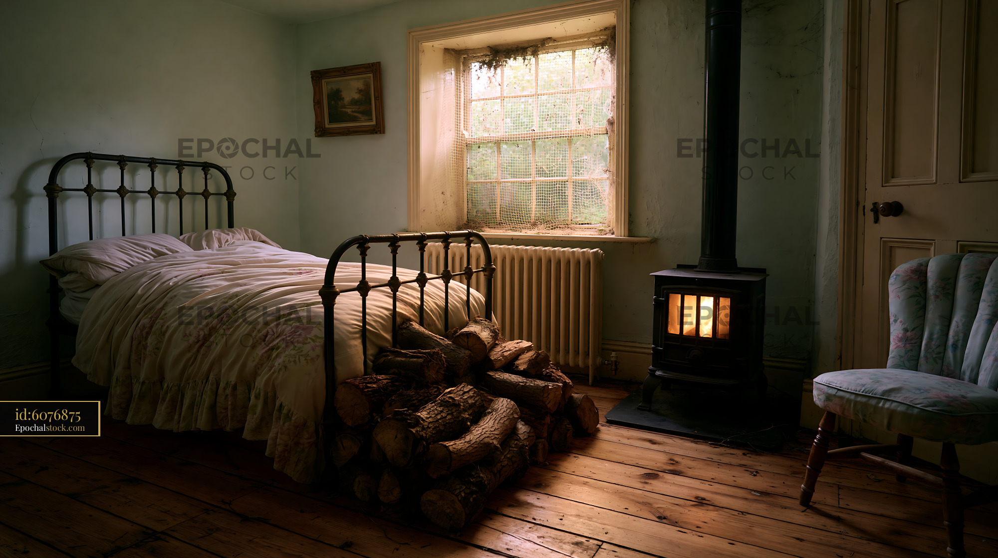 Rural Bedroom With Iron Frame Bed and Firewood Wood Stove - stock photo