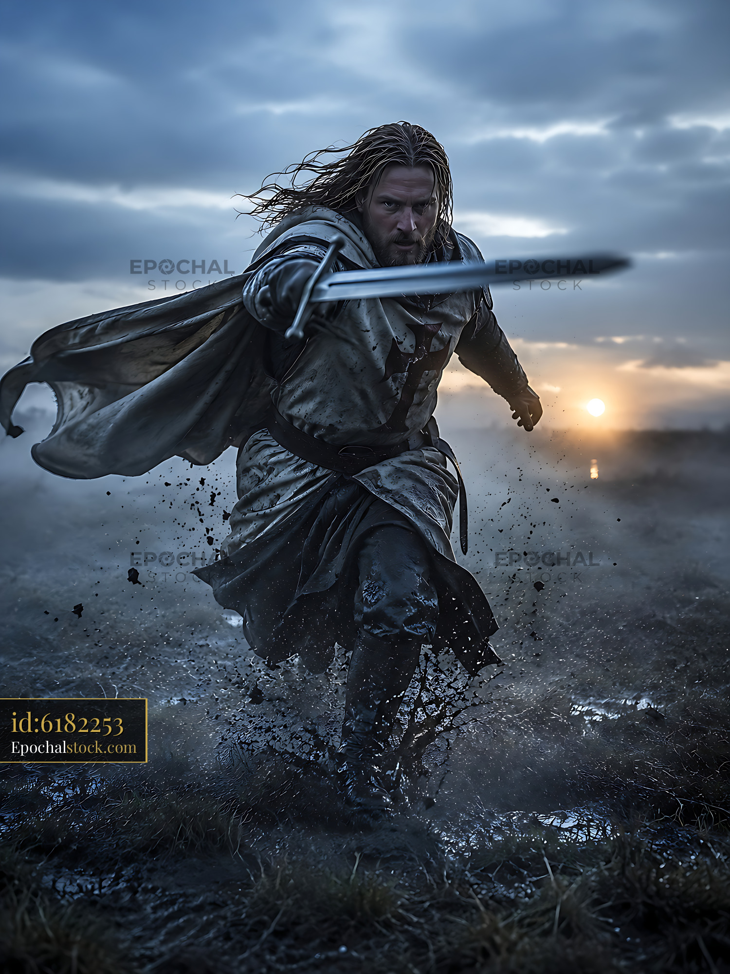 Watermarked full-resolution preview of Warrior charging with sword at sunset