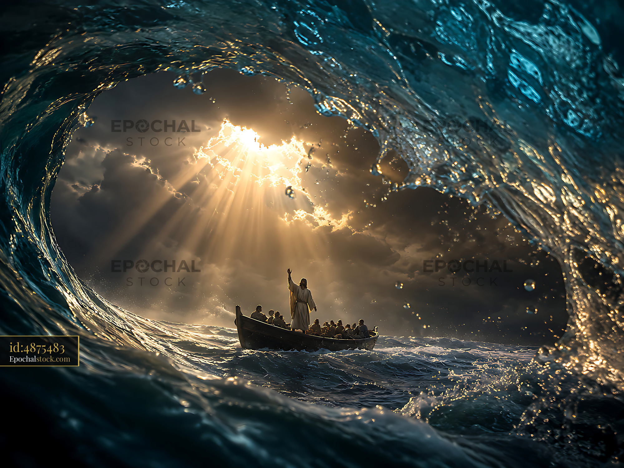 Watermarked full-resolution preview of Man in boat during storm with waves and sunlight breaking through
