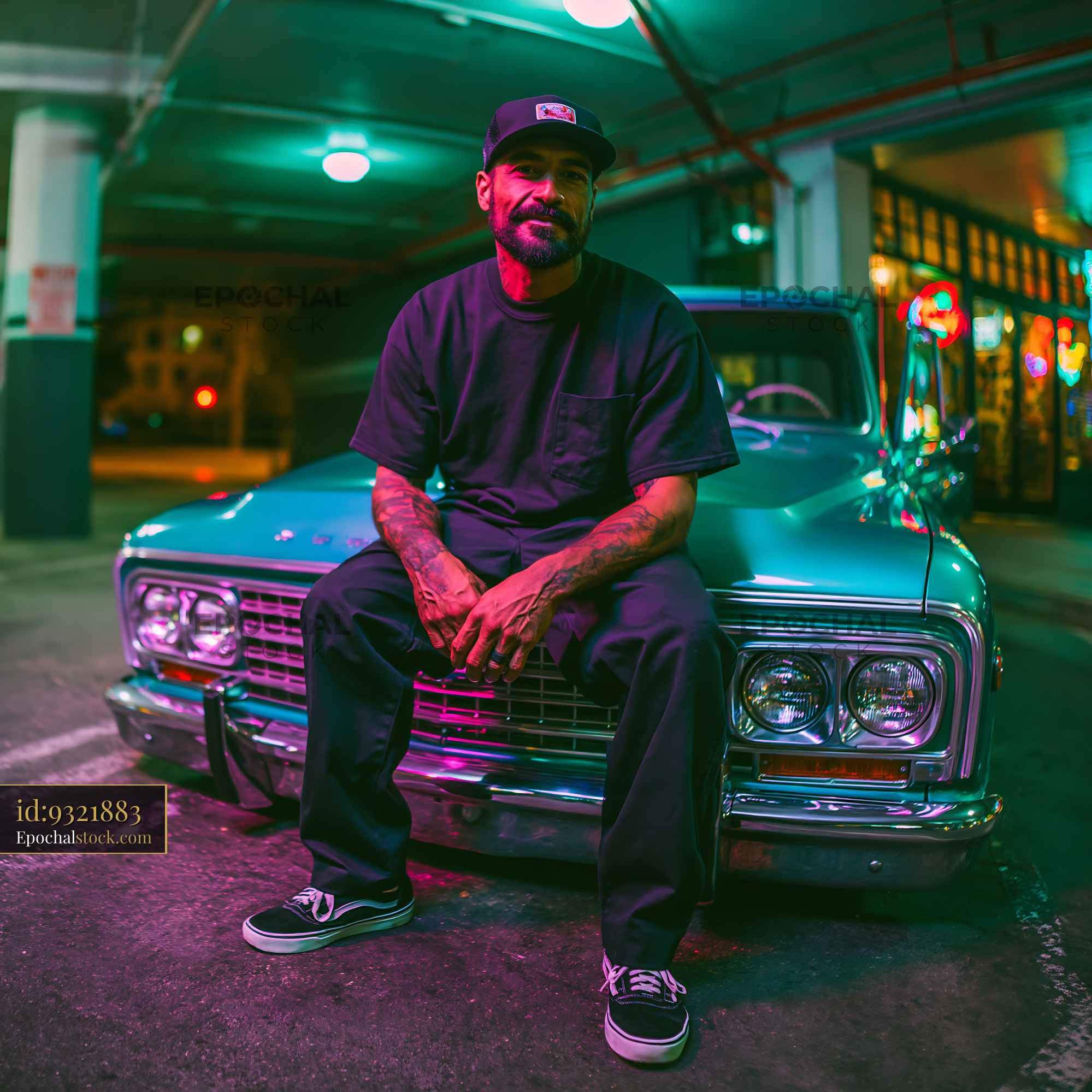 Watermarked full-resolution preview of Man sitting on classic truck in urban garage at night