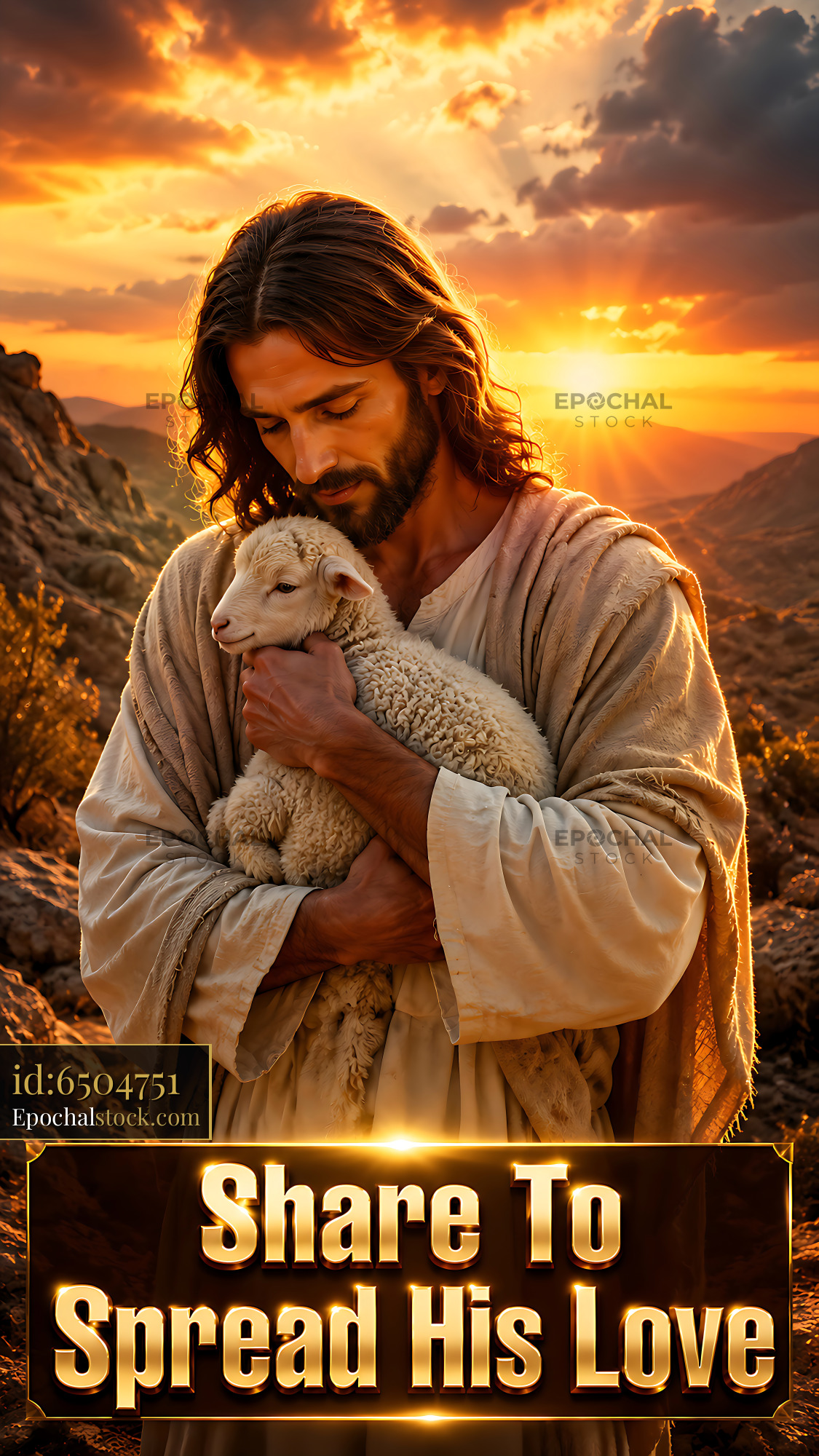 Watermarked full-resolution preview of Man holding sheep during sunset in rocky landscape