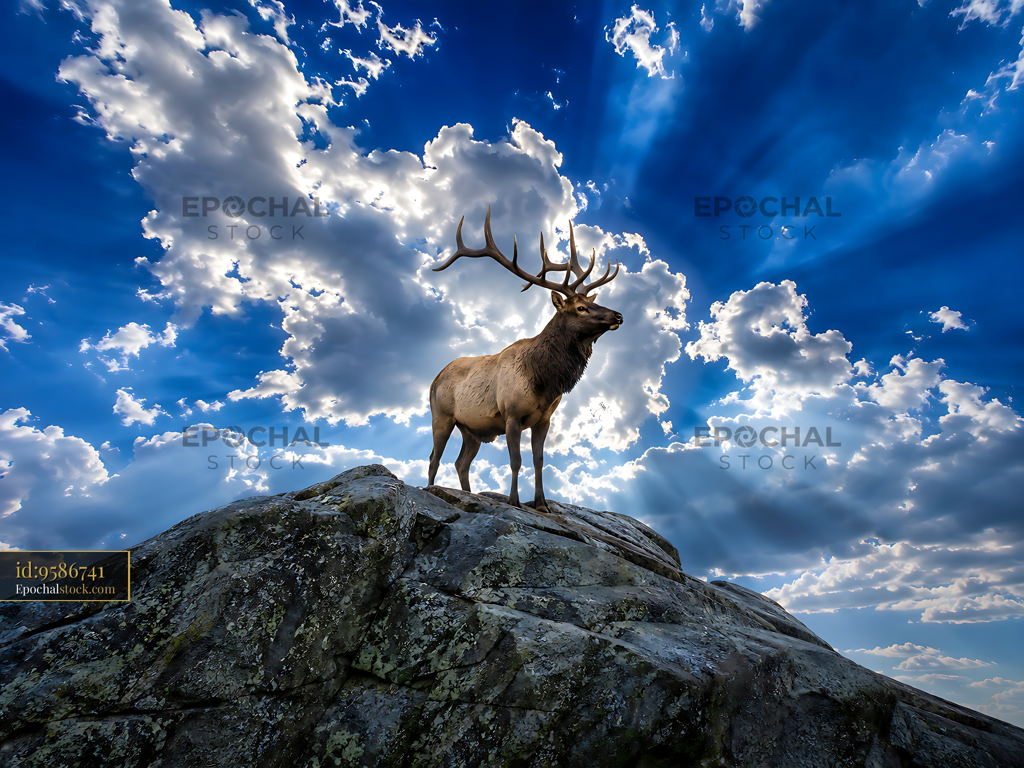 Watermarked full-resolution preview of Majestic deer standing on a rock with clouds in the background