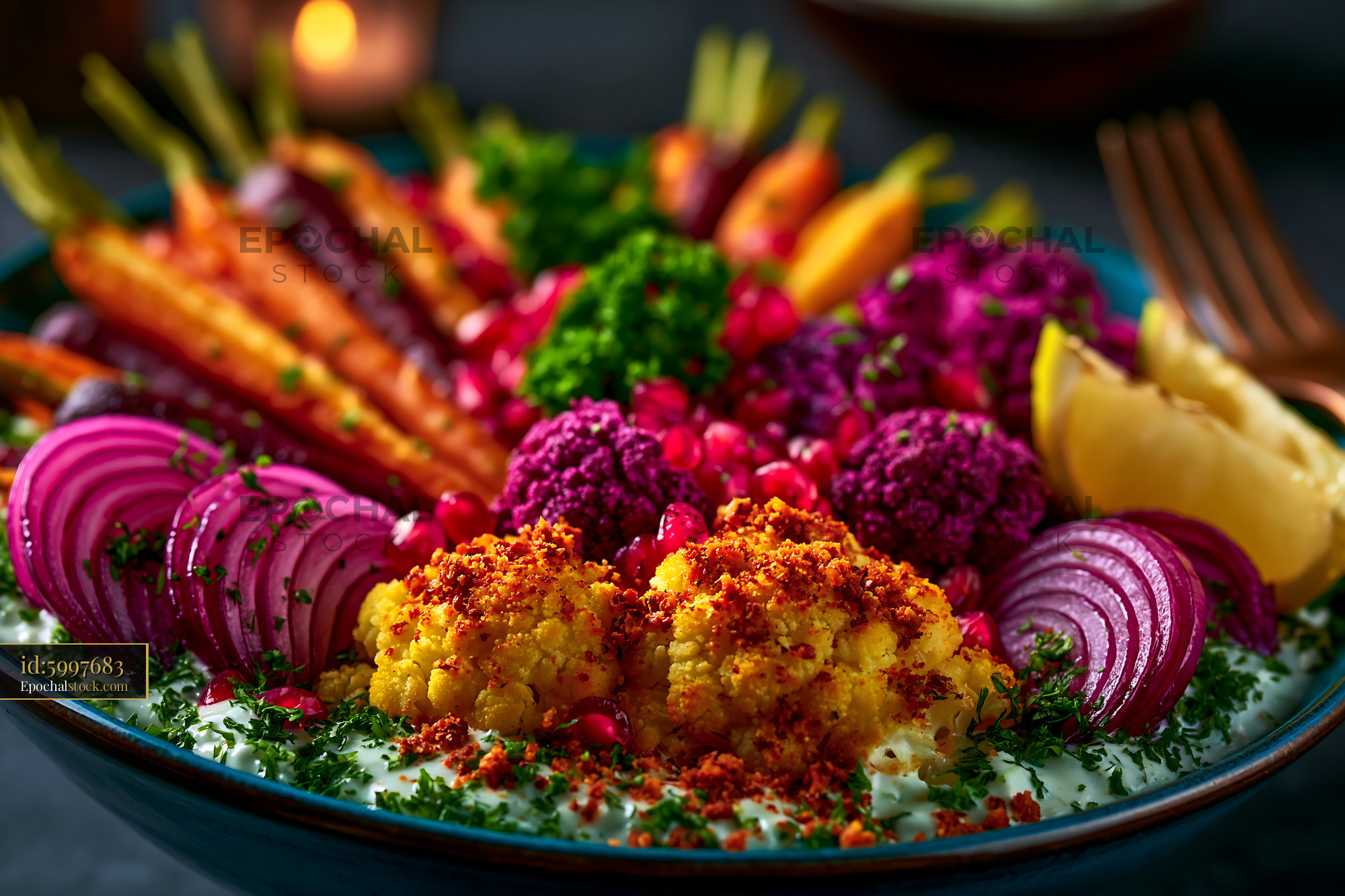Watermarked full-resolution preview of Colorful vegetable platter with herbs and pomegranate seeds