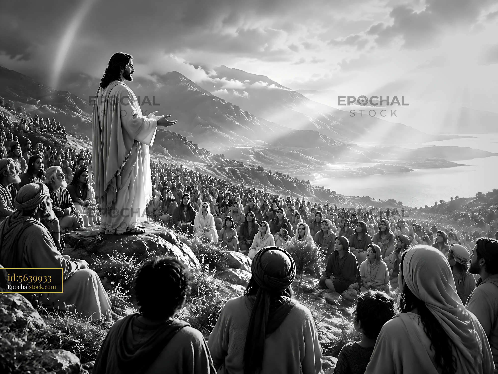 Watermarked full-resolution preview of Jesus teaching on a hillside to a large crowd